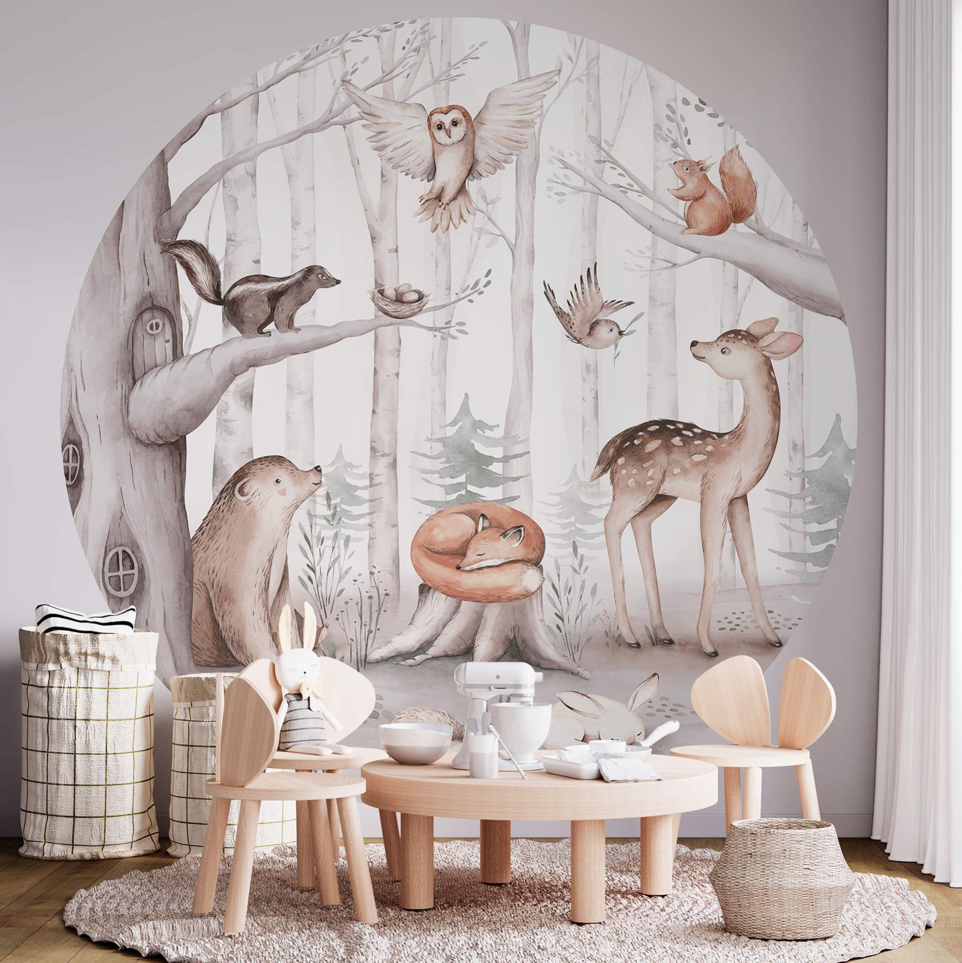 Tapet cirkel Kvilis - Sweet Forest Animals - vliesetapet/selvklæbende non-woven tapet