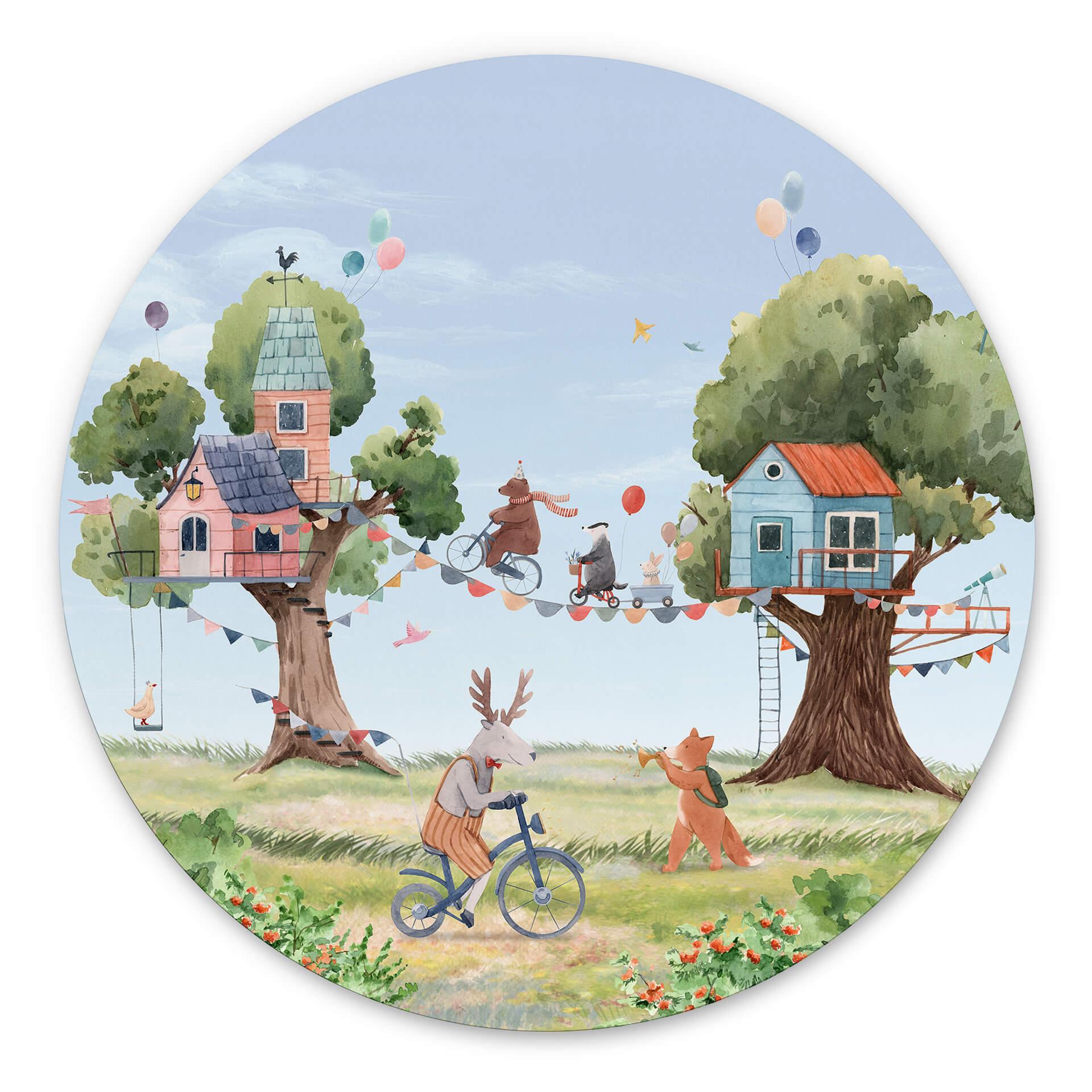 Tableau sur alu-Dibond rond Oliver Robins - Fête dans la cabane dans les arbres