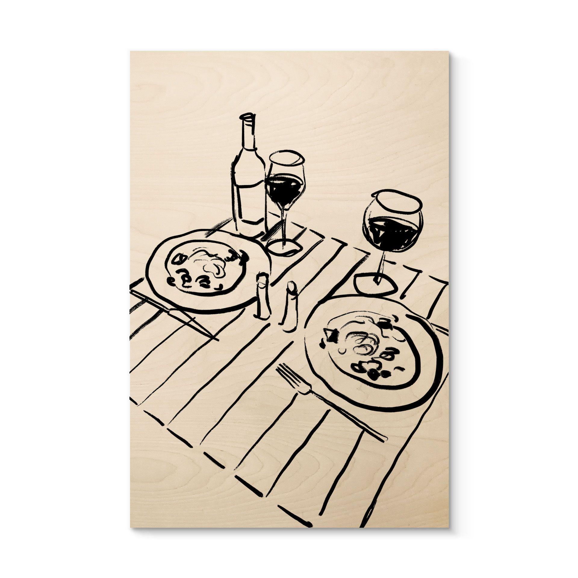 Cuadro de madera bodegón cena con vino - Treechild