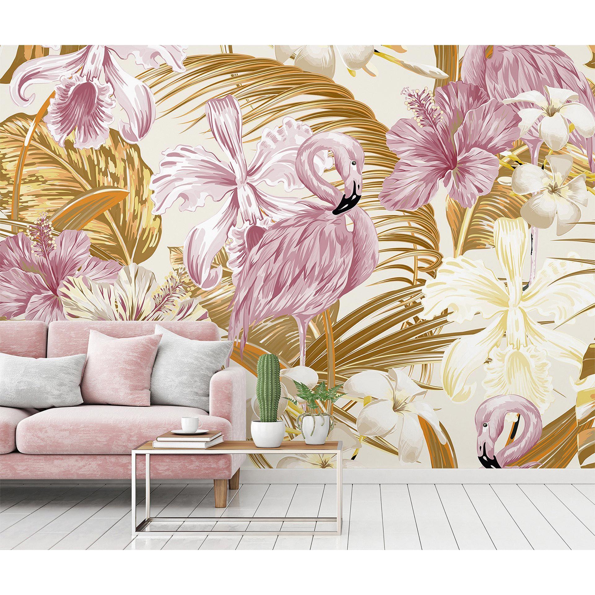 Orange og lyserødt non-woven tapet Designwalls FlamingoArt flamingo jungle