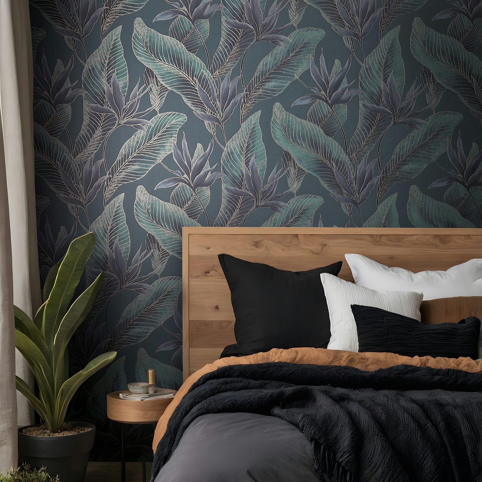 Papel pintado no tejido flores, hojas naturaleza floral en verde 