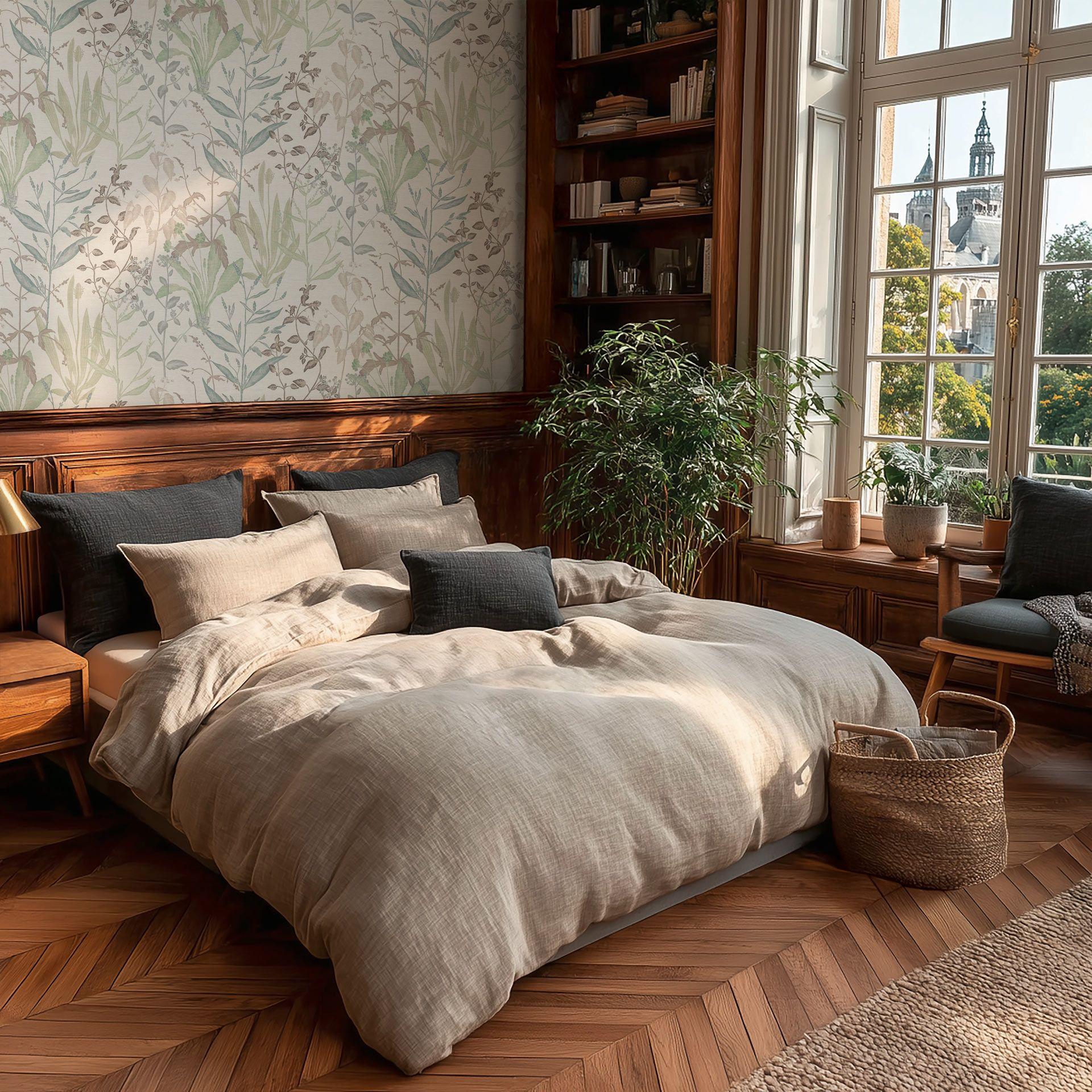 Papier peint intissé Elodie Maison Botanique vert bleu marron - blanc feuilles herbes salon