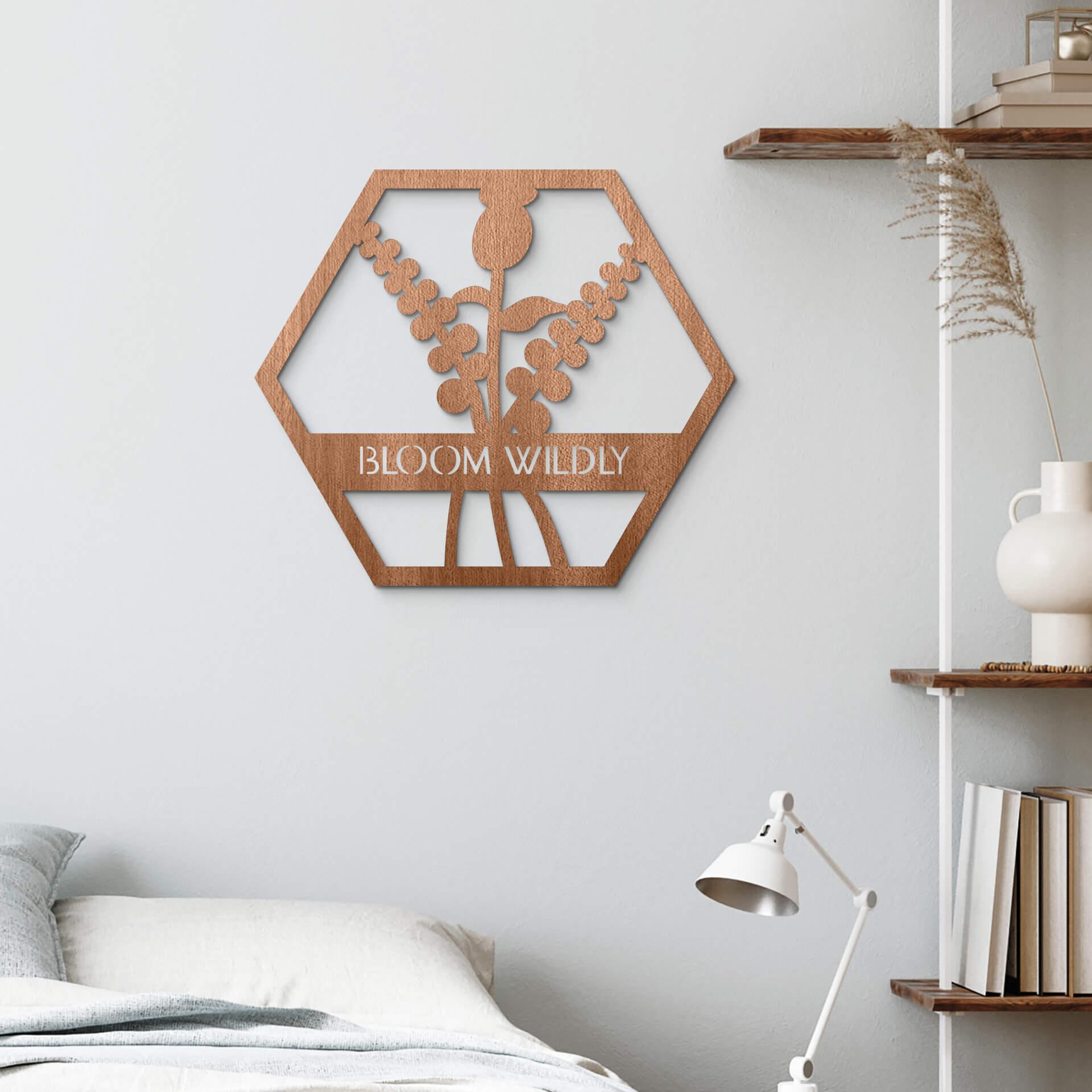 Decoración en madera caoba - Flores en hexágono - Bloom Wildly