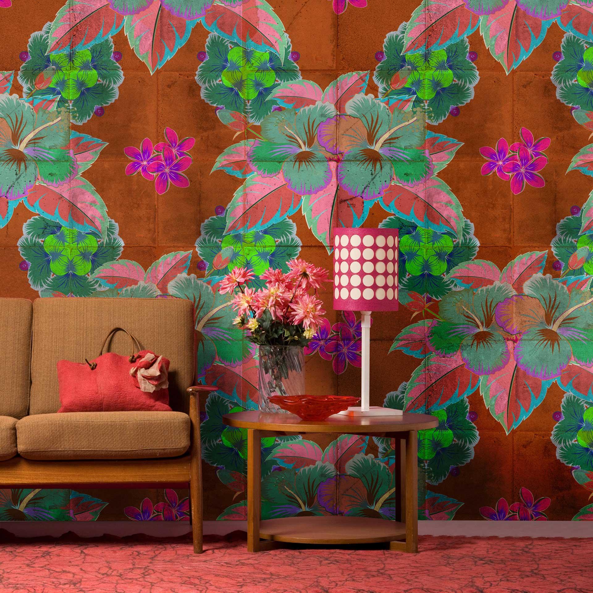 Tropisk blomstertapet - turkis og pink på terracotta - non-woven
