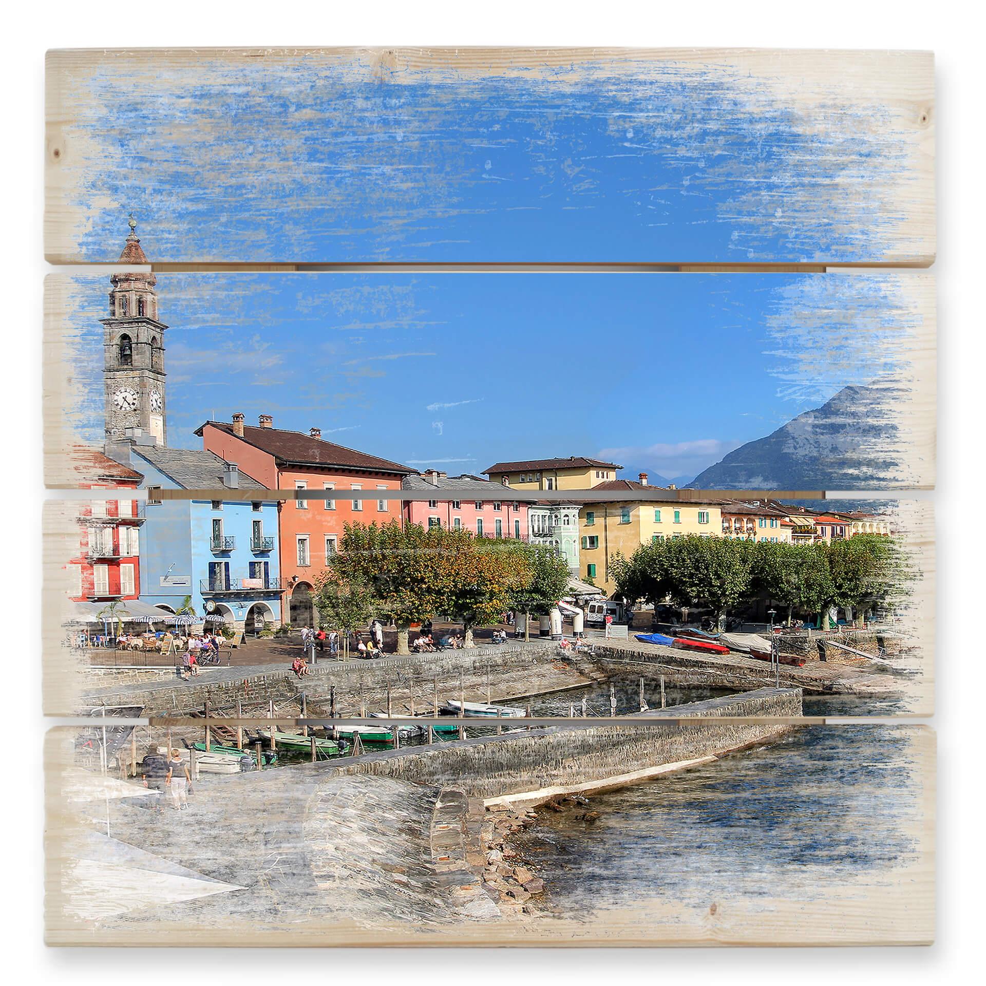 Cuadro de madera paseo del puerto en el Lago Mayor - 40x41,5 cm