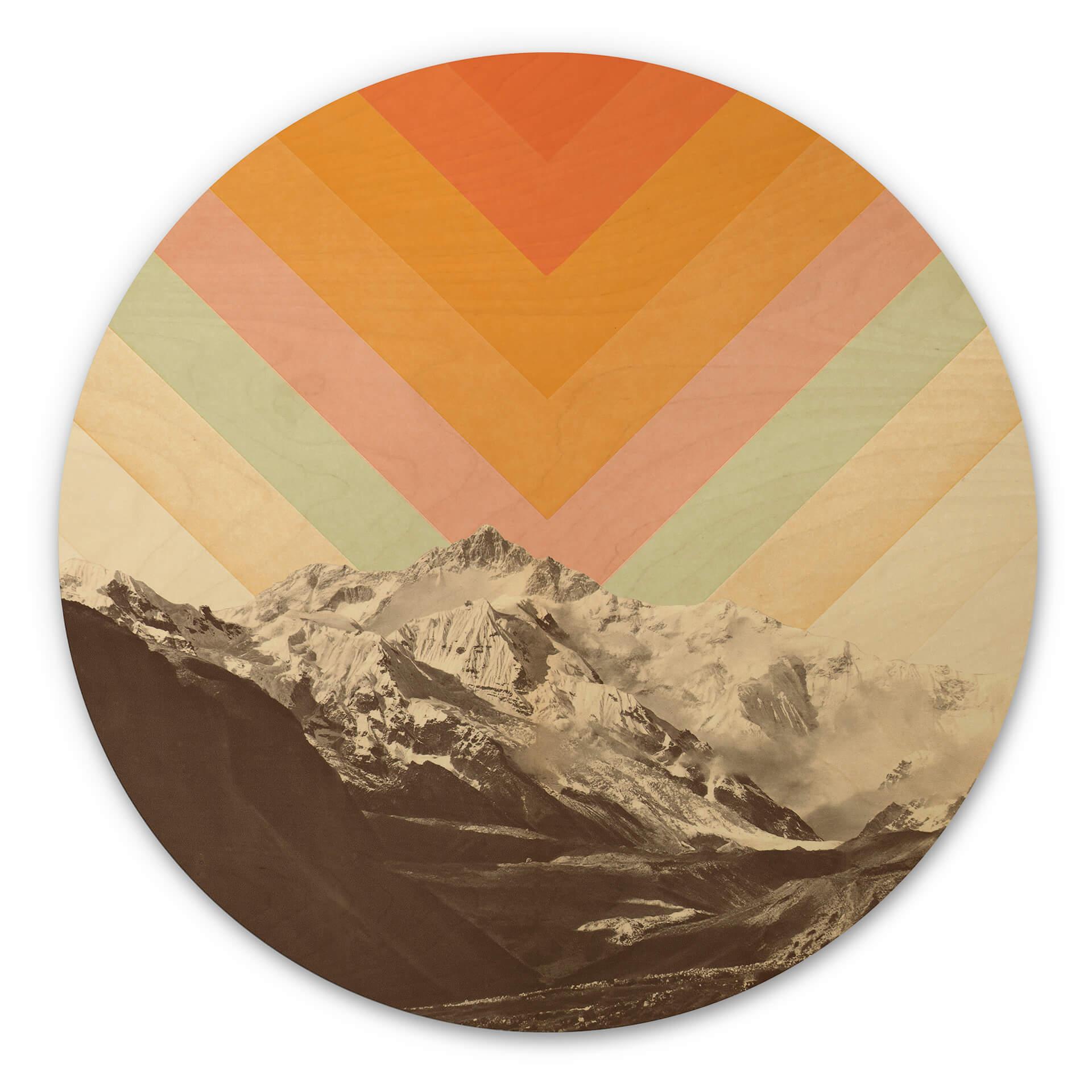 Cuadro de madera naturaleza - Retro paisaje de montaña redondo - Bodart