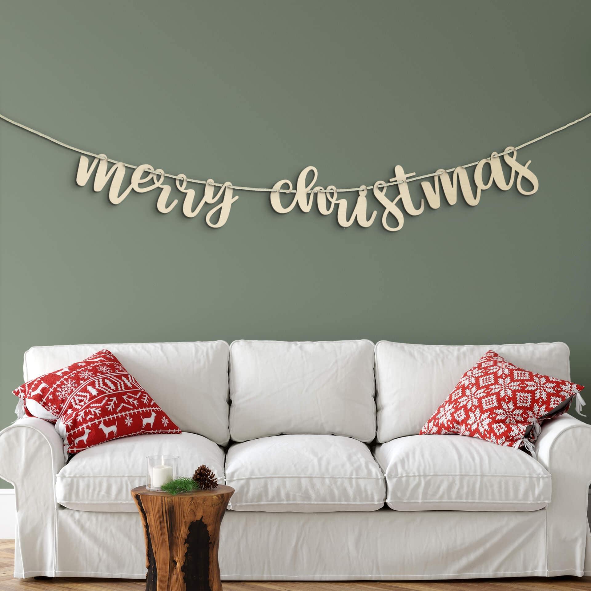 Cadena de banderines de decoración navideña Feliz Navidad - madera de álamo incl. cuerda de algodón