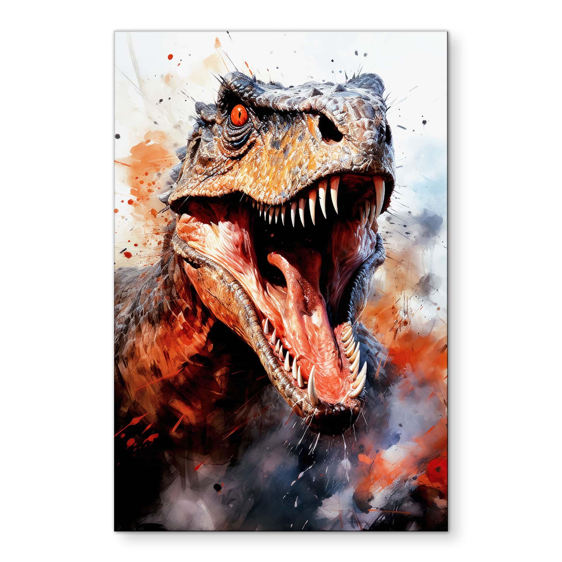 Vægmaleri T-Rex: Det vilde ansigt fra forhistorisk tid - Jaszke – print på aluminium (Alu-Dibond)