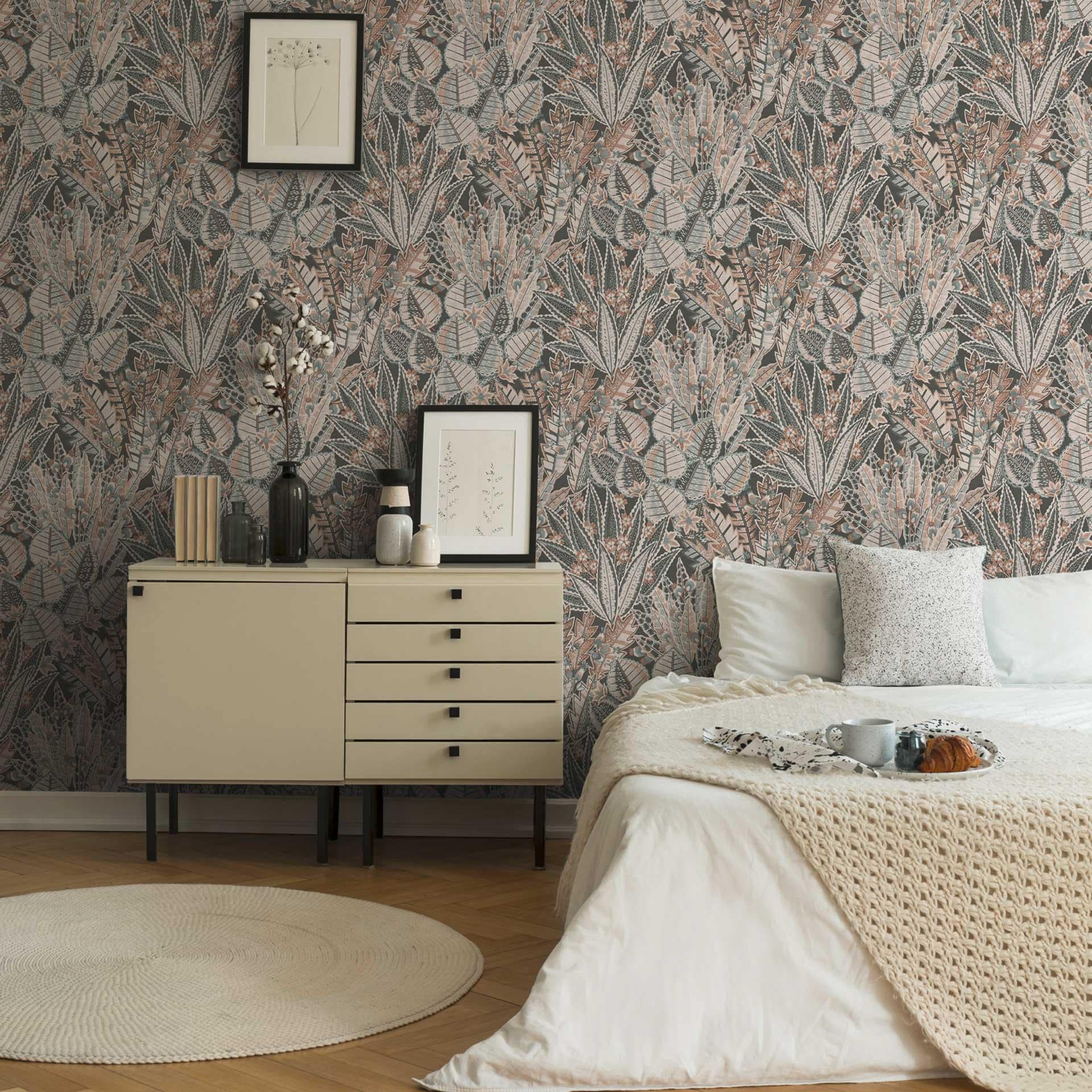 Papel pintado no tejido de diseño con estampado botánico en tonos grises - Elegante diseño de pared