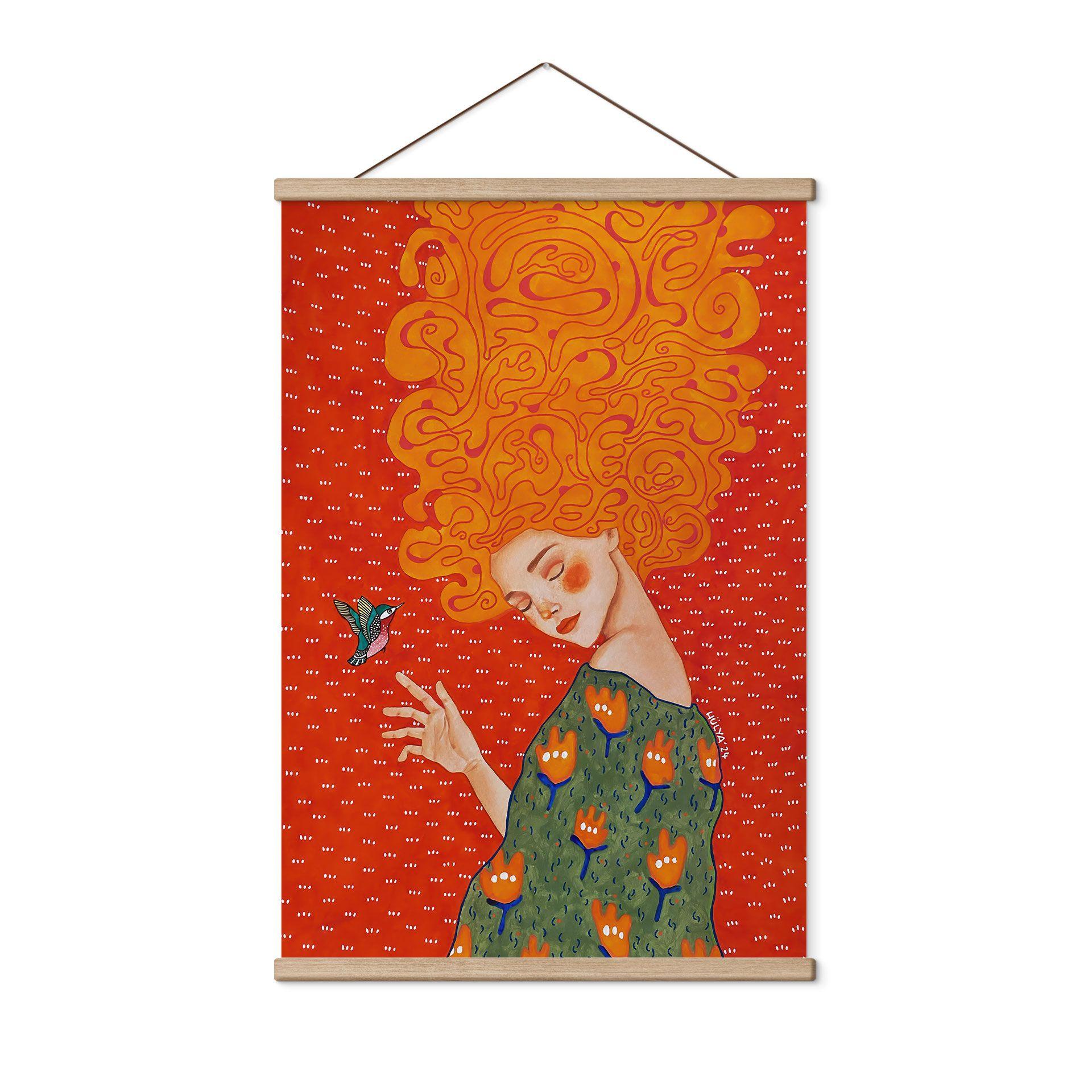 Póster de tela colibrí y mujer en luz roja - Hülya
