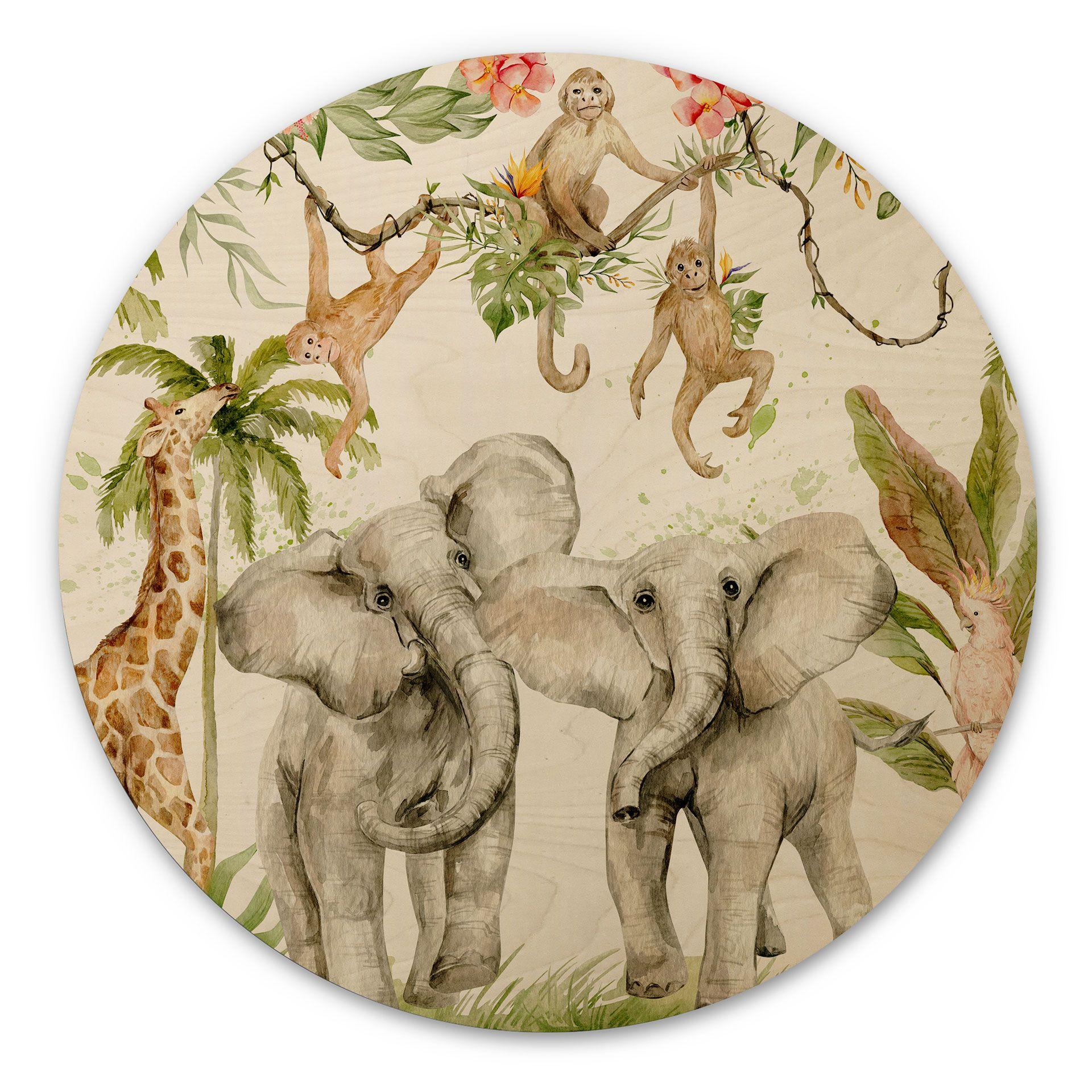 Cuadro de madera de animales en la selva tropical - Diseños ONU - Redondo