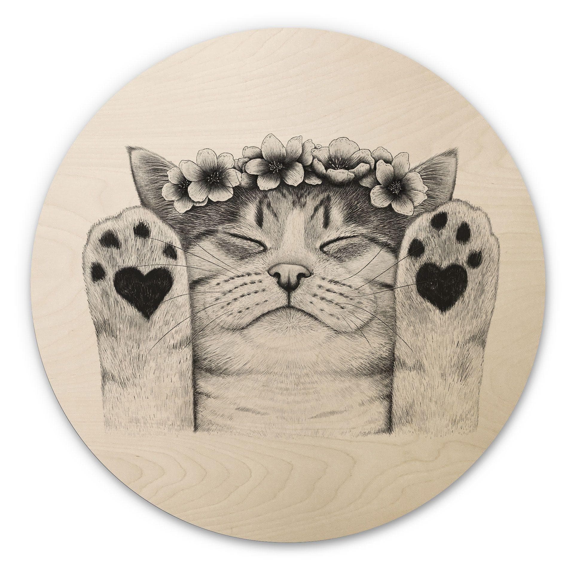 Cuadro de madera Dulce gato con patas de corazón - Korenkova - Redondo