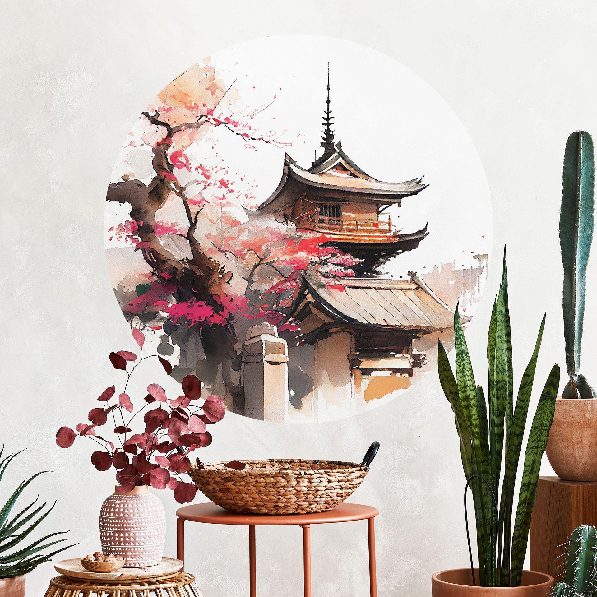Vinilo decorativo Pagoda japonesa con cerezos en flor - Jaszke - Redondo
