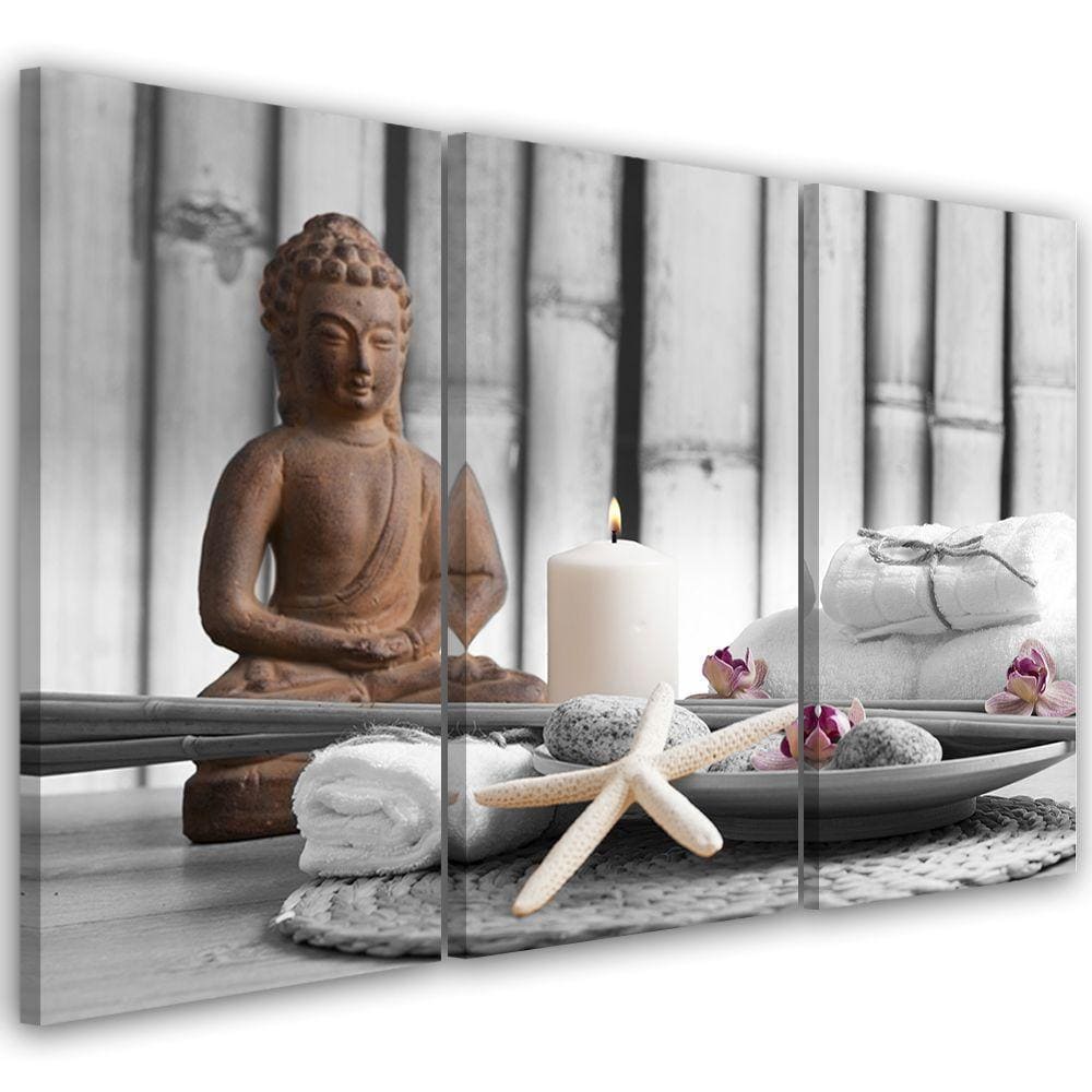 3 stykke lærredstryk, Buddha Zen Spa grå