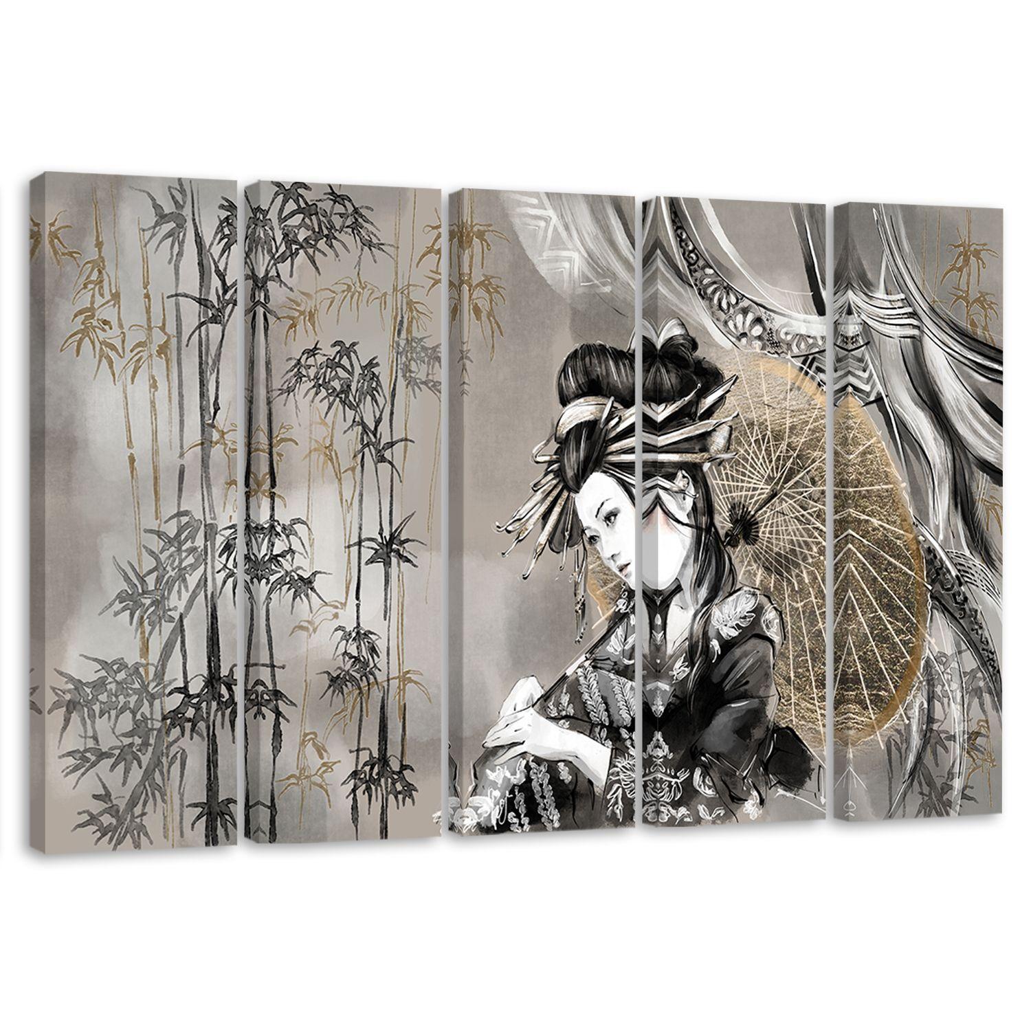 Lærred print 5 dele, geisha og bambus