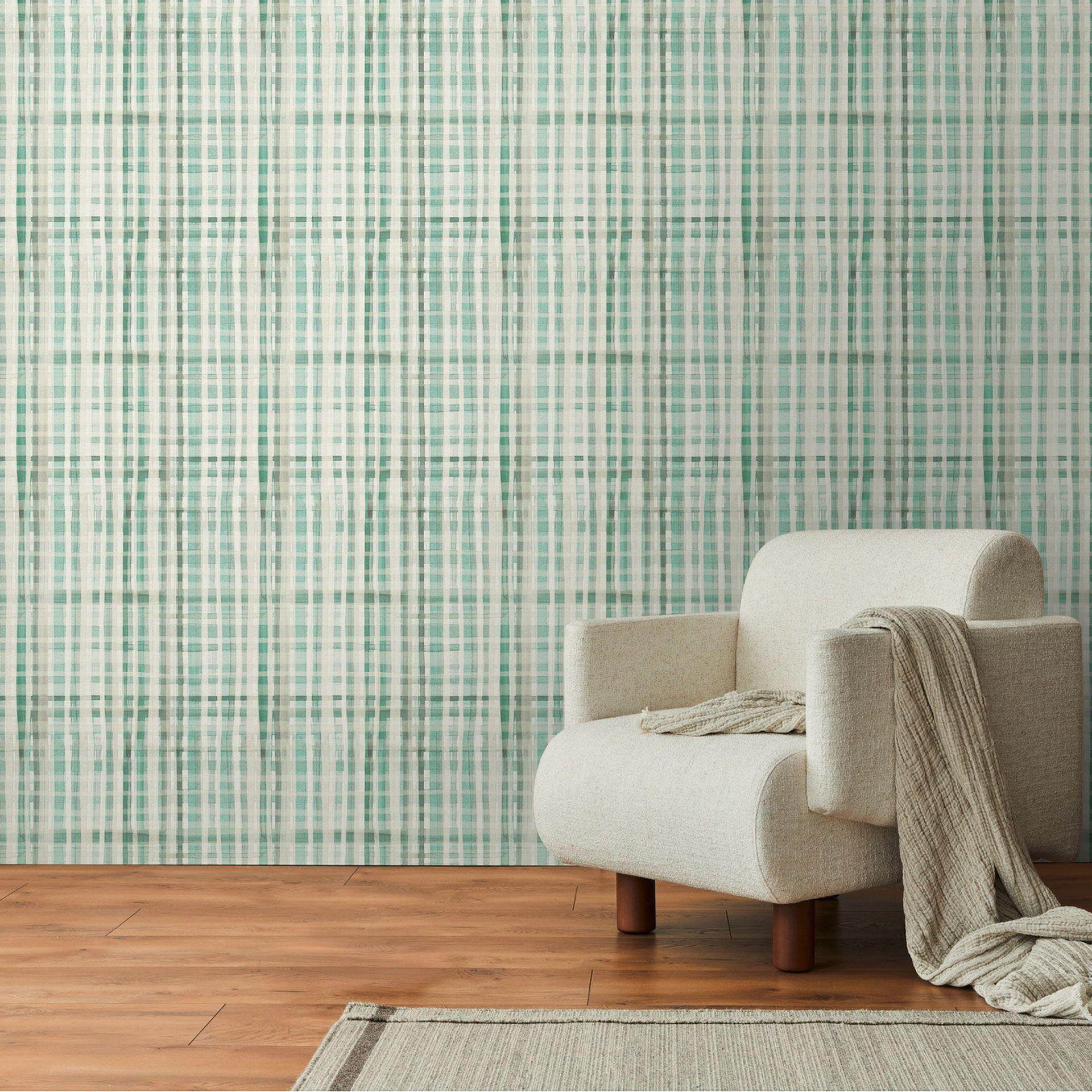 Papel pintado a cuadros turquesa blanco - Diseño moderno a cuadros - Papel pintado no tejido a cuadros