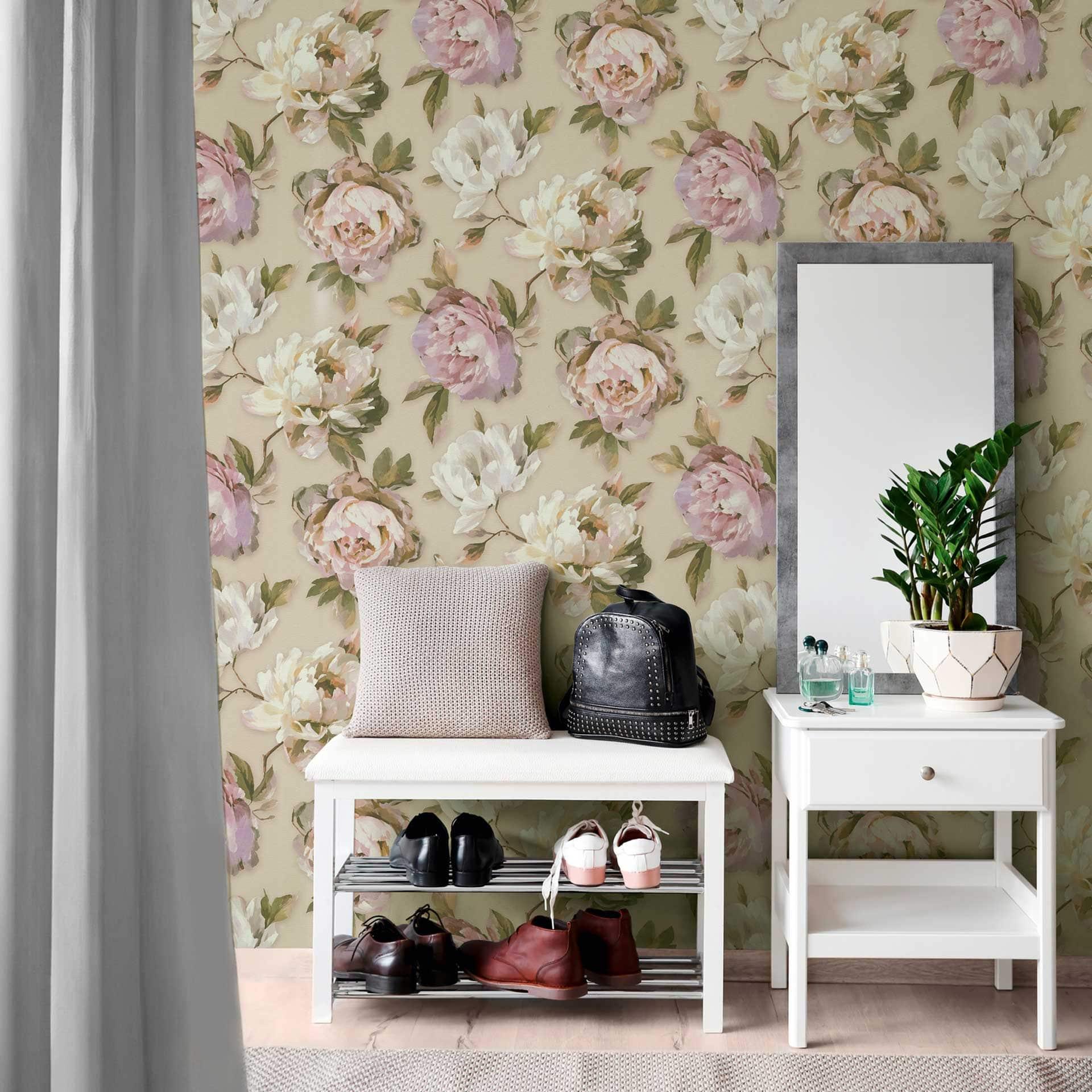 Papier peint floral avec pivoines beige rose - papier peint floral romantique - papier peint intissé