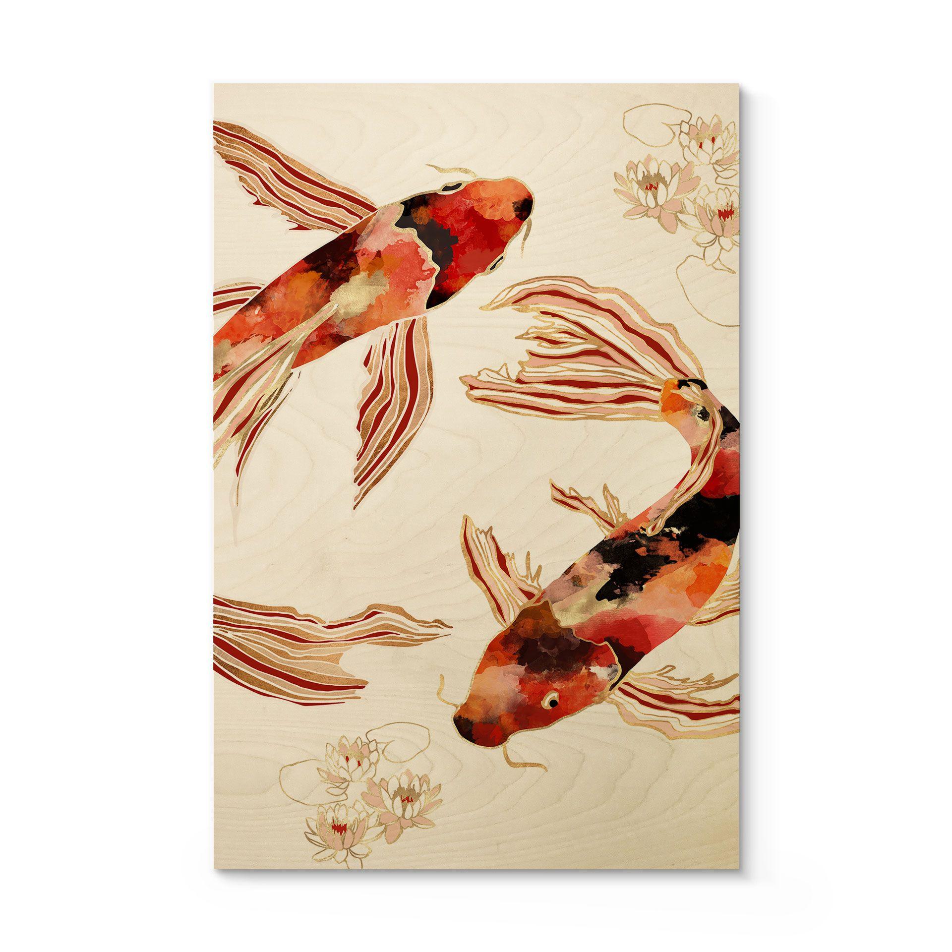 Cuadro de madera de dos carpas koi en un estanque - SpaceFrog Designs