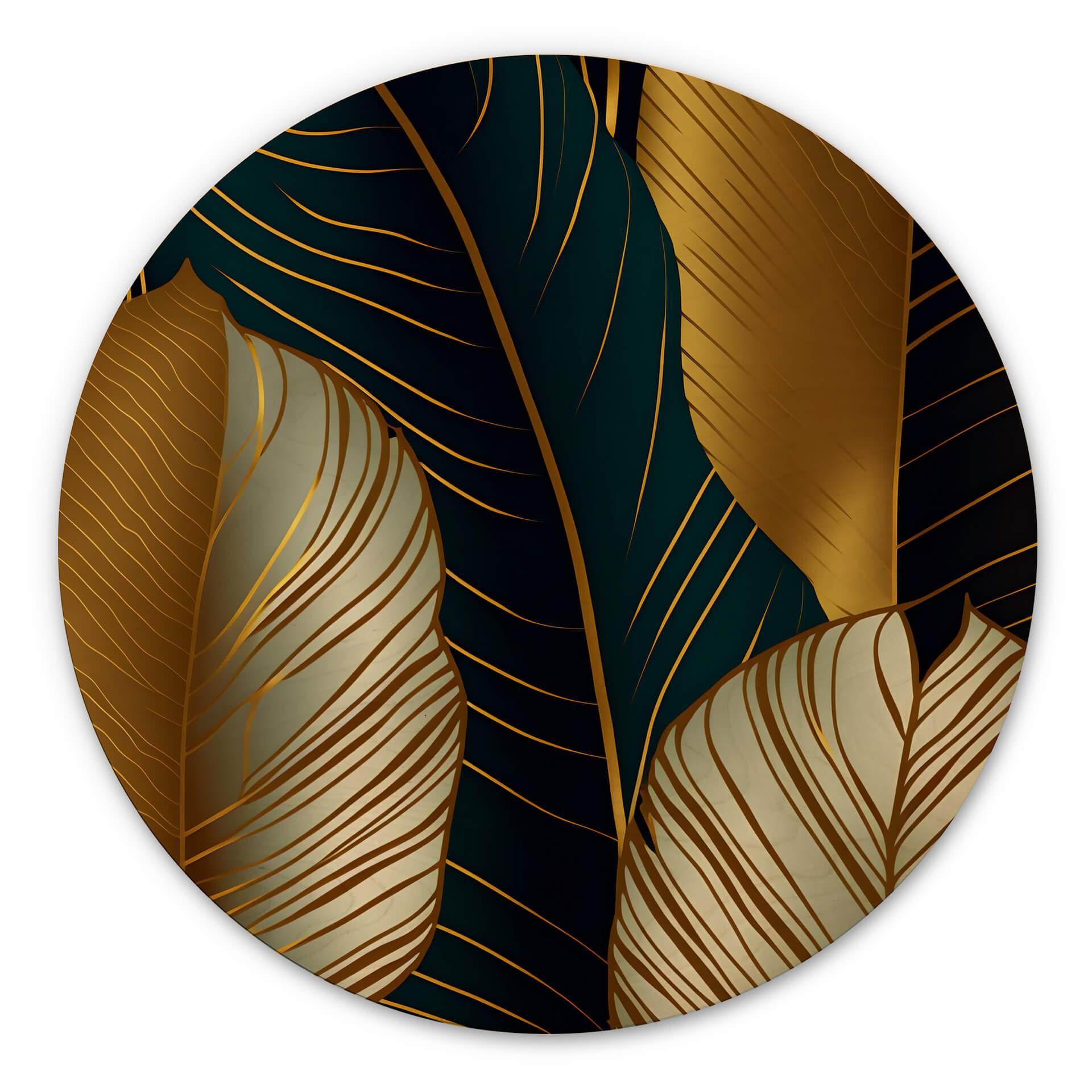 Cuadro de madera hojas de palmera doradas abstracto - redondo