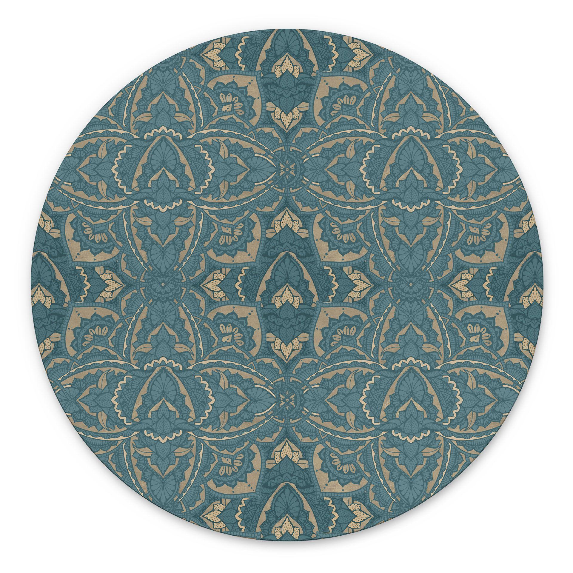 Vintage mandala billedvæg i turkis guld - Bloomery Decor - rund – print på aluminium (Alu-Dibond)