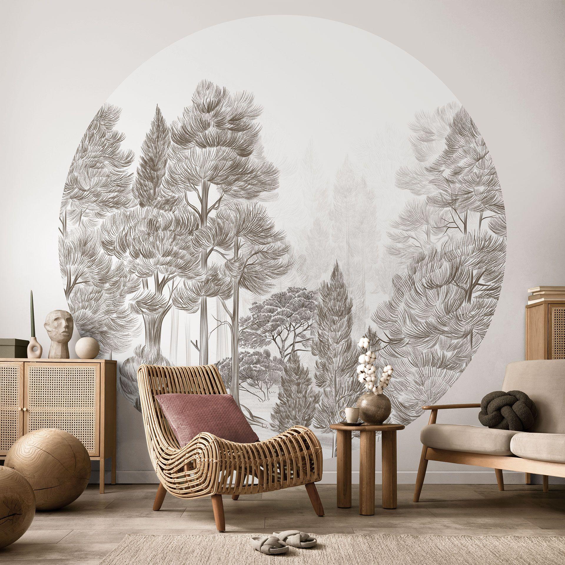 Fotobehang bos met boslandschap in beige - Ms Tiff - rond - zelfklevend/niet-geweven