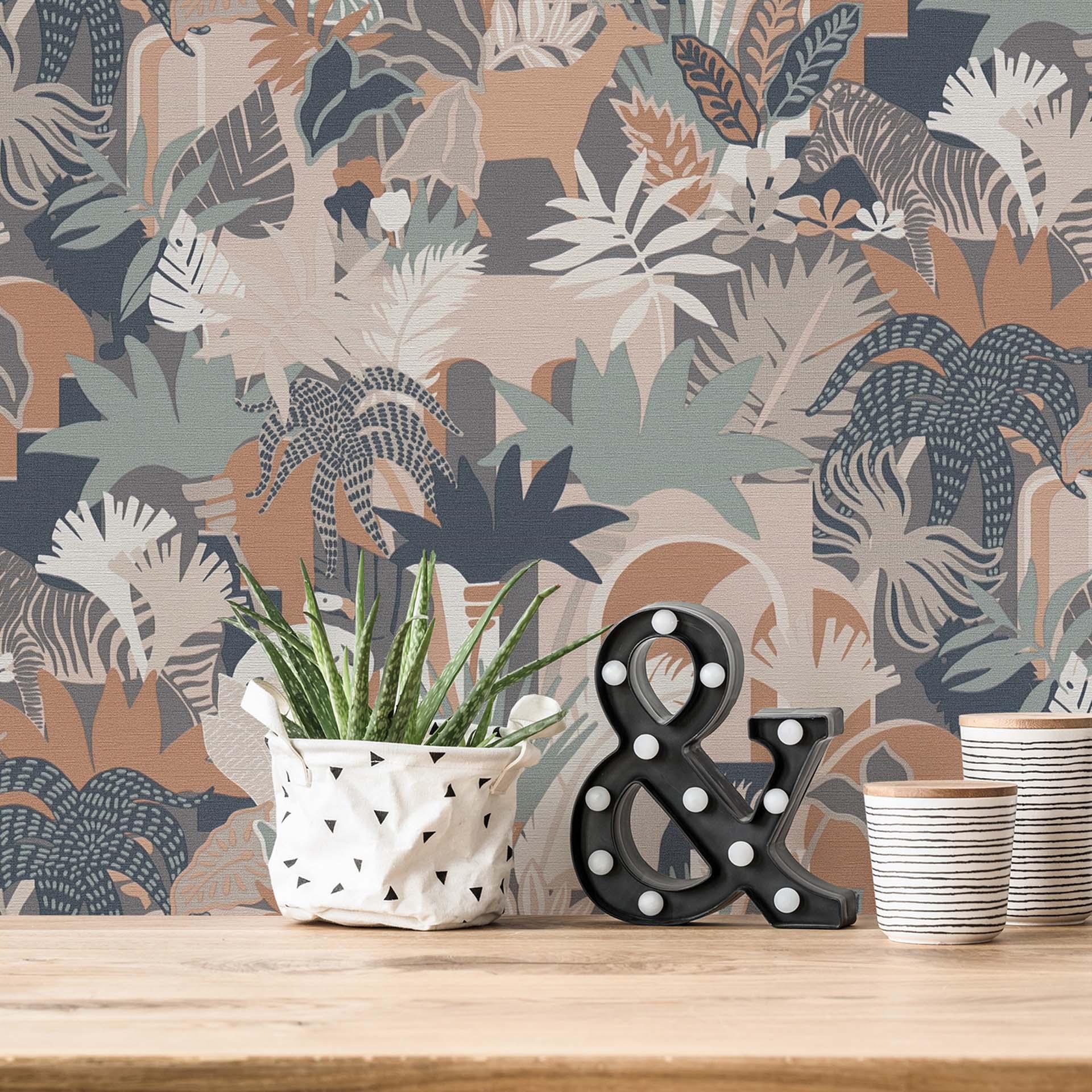Papel pintado estilo jungla marrón rosa - Papel pintado no tejido vintage plantas hojas