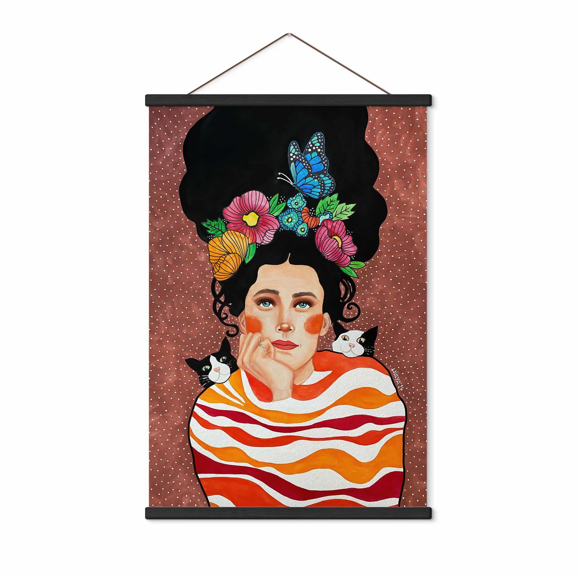 Póster de tela mujer con corona de flores y gatos - Hülya