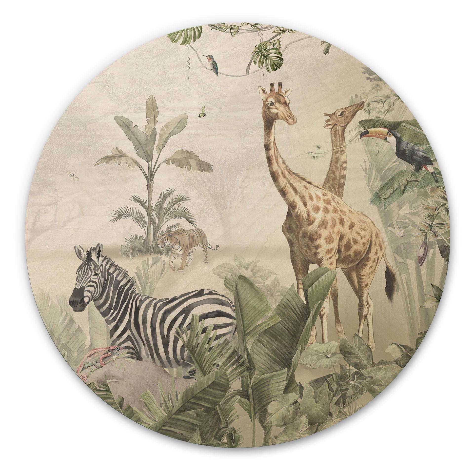 Houten Wanddecoratie jungle dieren op een Afmeting - Ms Tiff - Rond