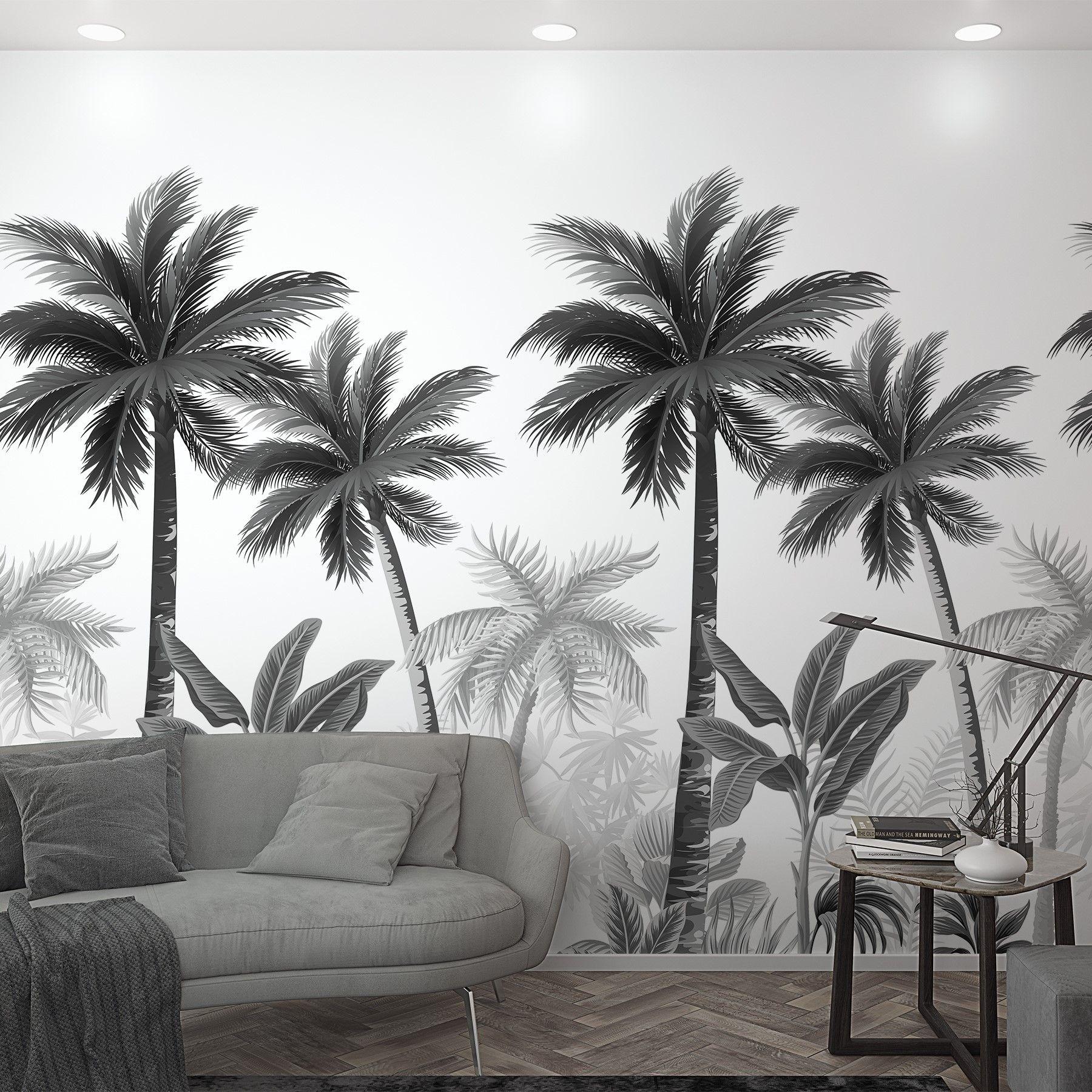 Fototapet med palmer sort, hvid, blomster 2,70 x 1,59 m
