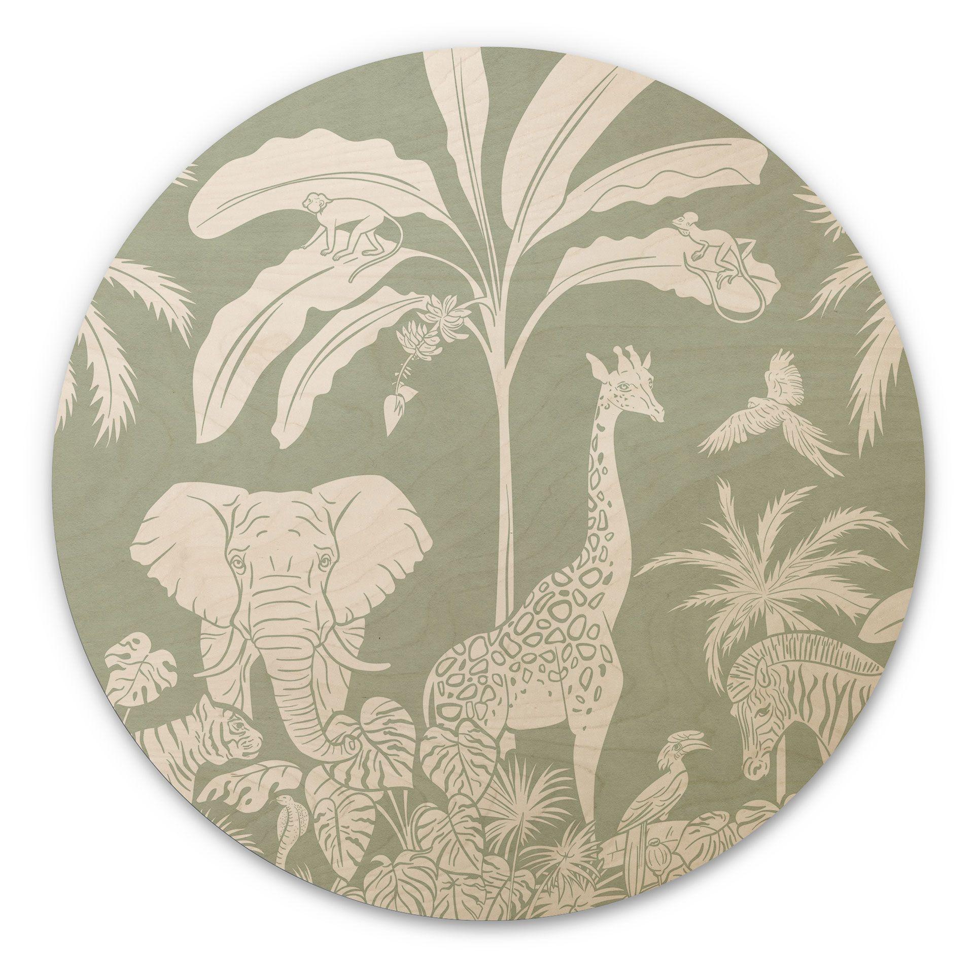 Cuadro de madera animales de la jungla en verde tropical - Kikki Belle - Redondo