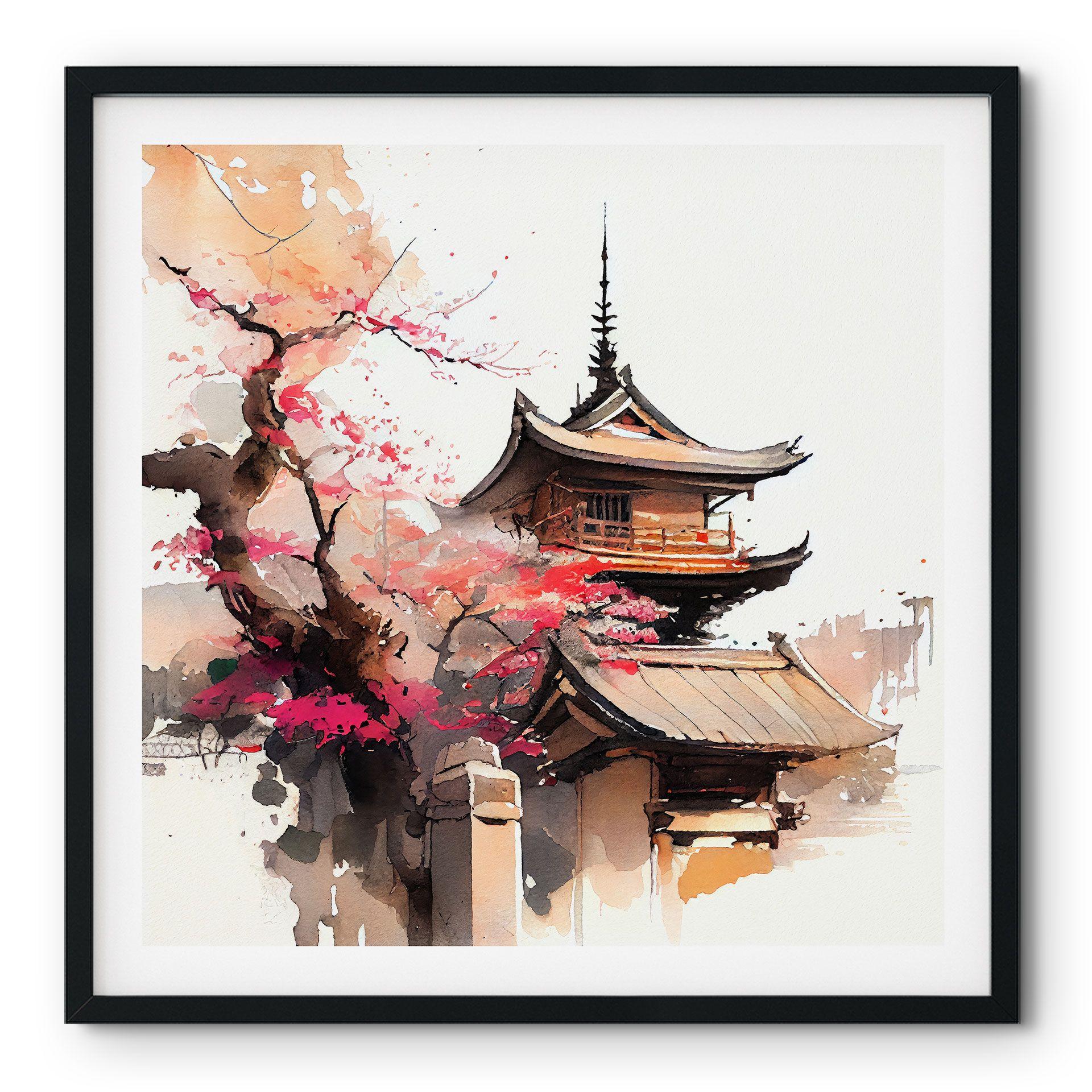 Póster Pagoda japonesa con cerezos en flor - Jaszke - Cuadrado