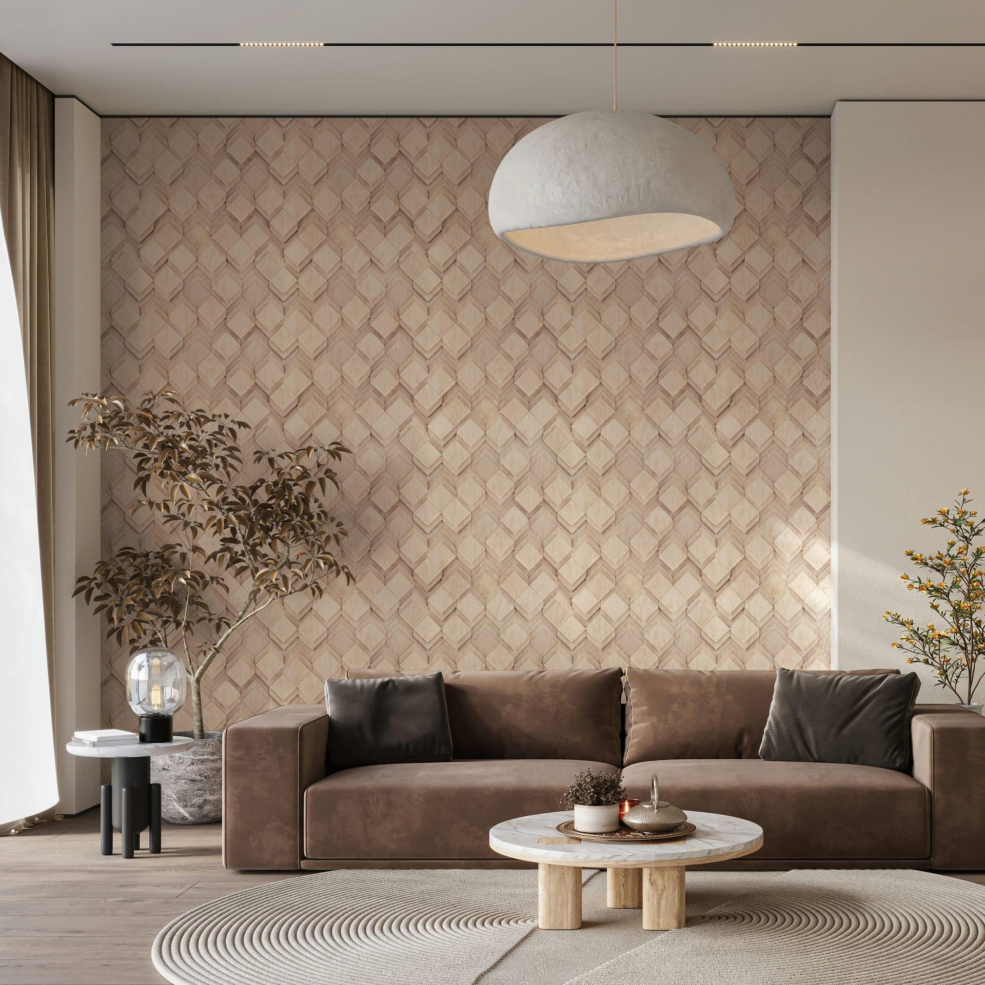 Papel pintado no tejido de color beige ilusión de rombos aspecto 3D moderno 