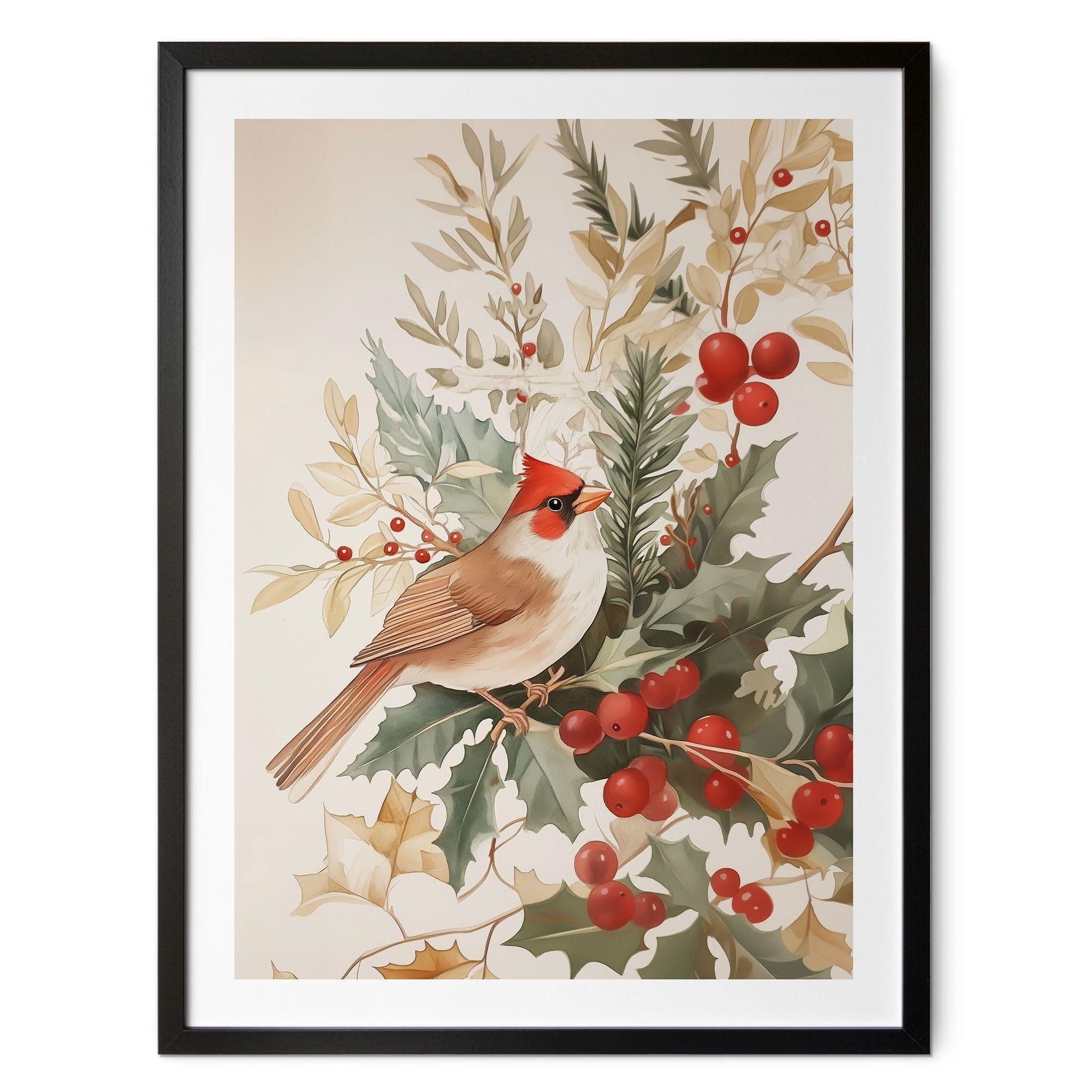 Póster motivo invierno - Cardenal con rama de bayas - Melloi Art Prints