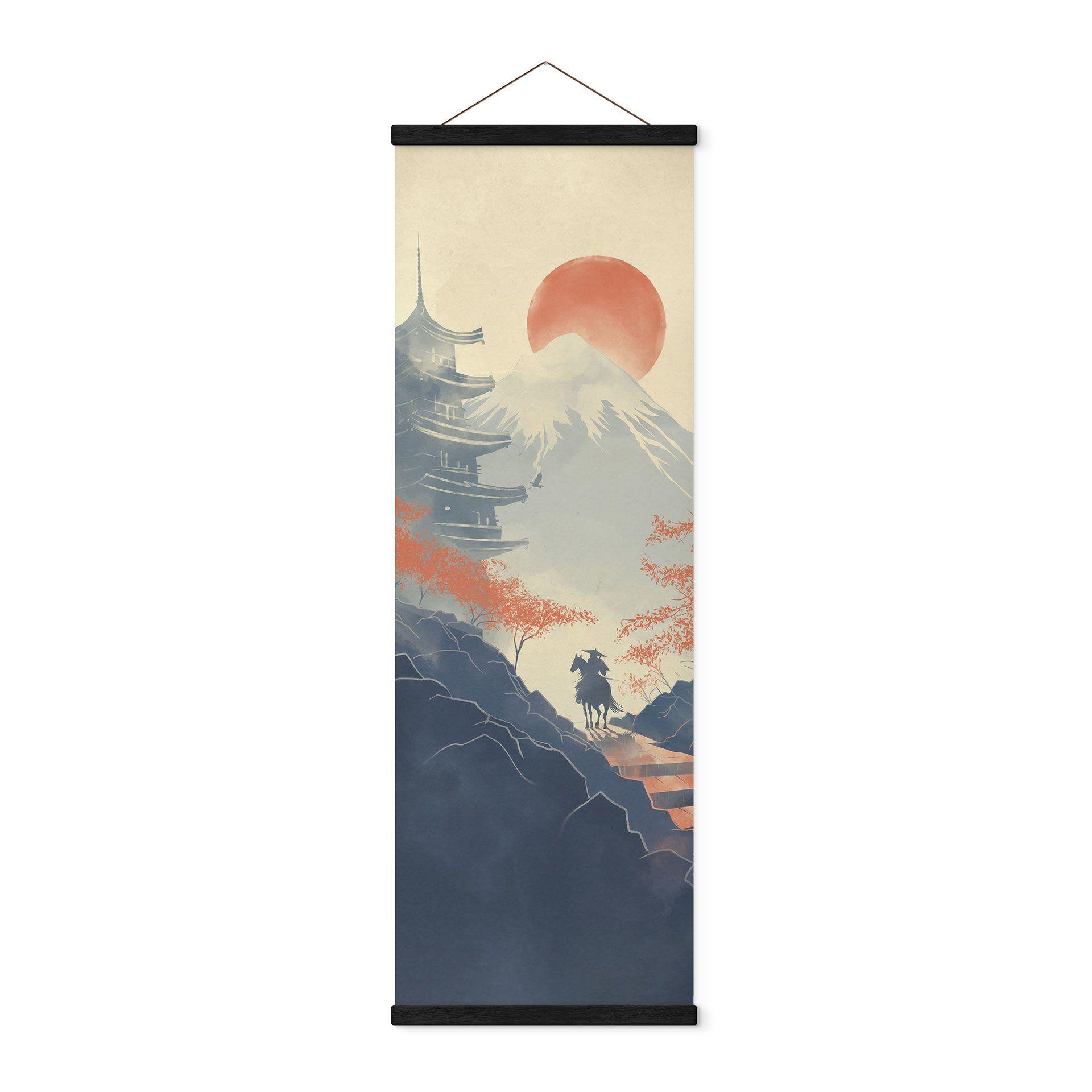 Stofbillede Solopgang over pagoden - Roze | Vintage Art Japan - Panorama