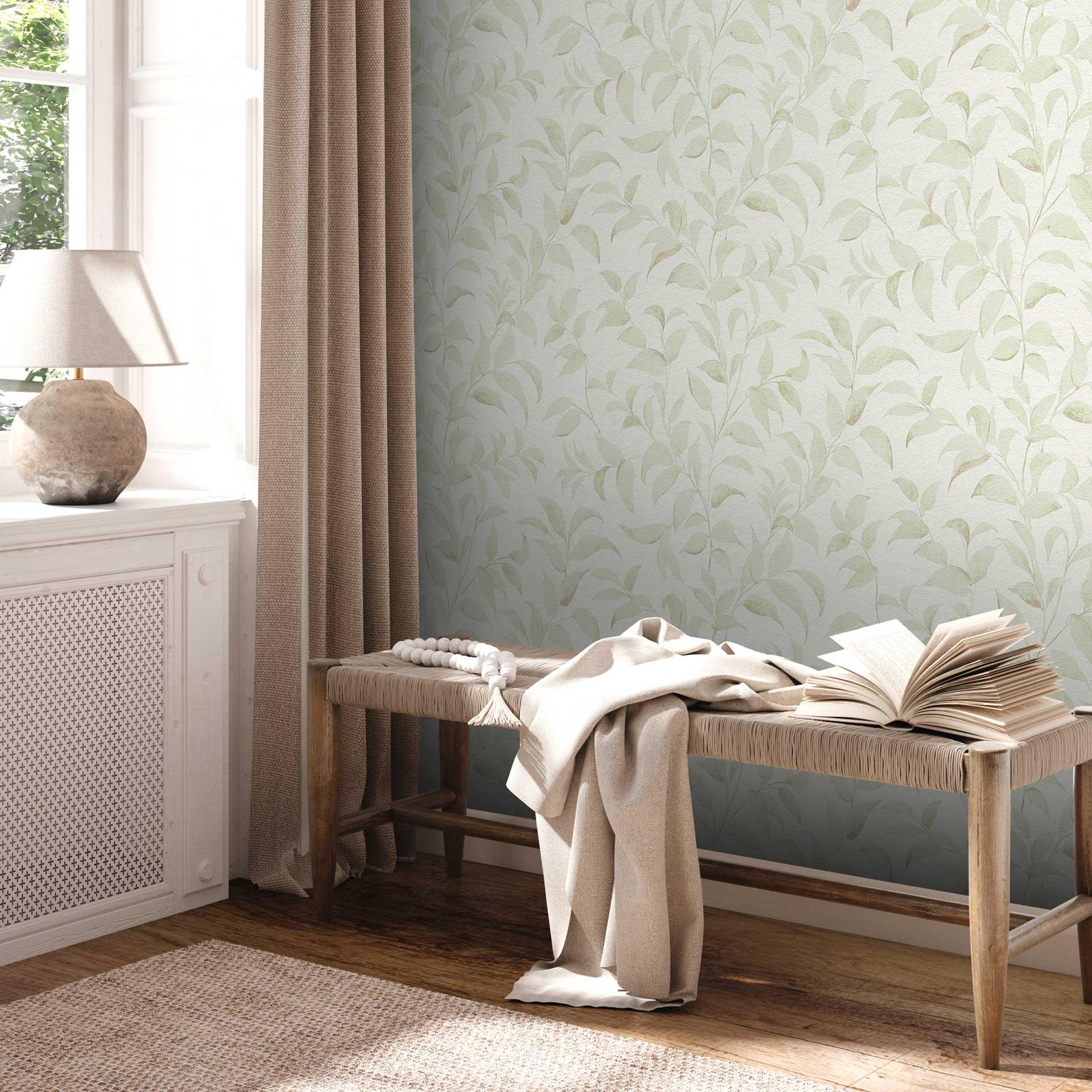 Papel pintado no tejido verde blanco - papel pintado hoja floral - papel pintado salón dormitorio oficina