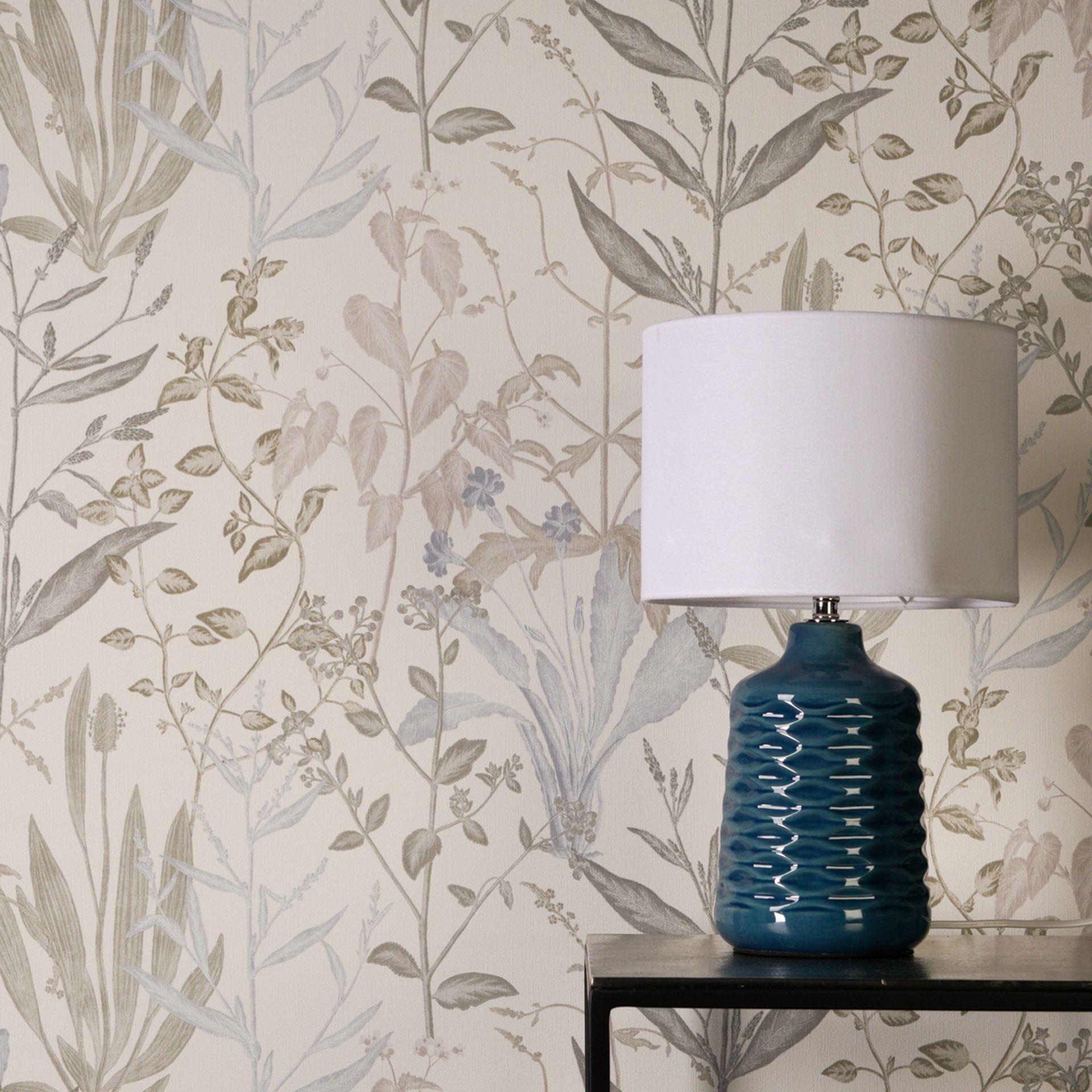 Papier peint intissé Elodie Maison Botanique crème vert bleu - gris feuilles herbes salon