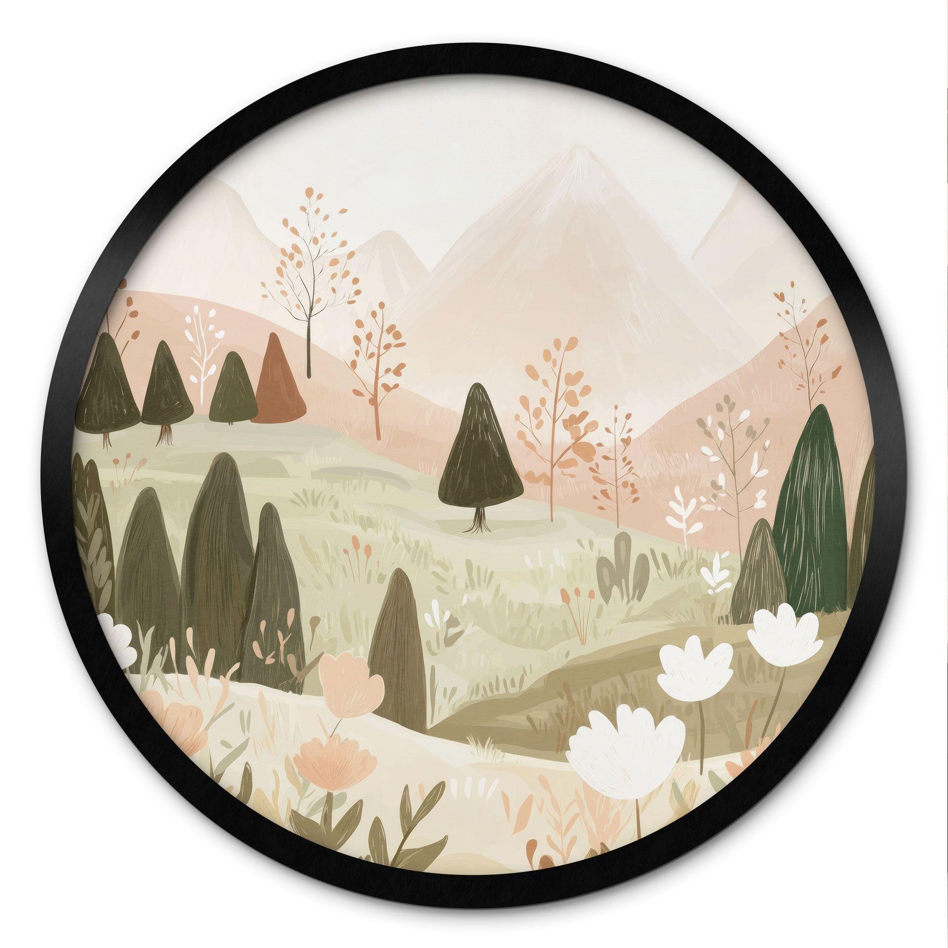 Plakat pastelfarvet bjerglandskab med blomster - Treechild - Round