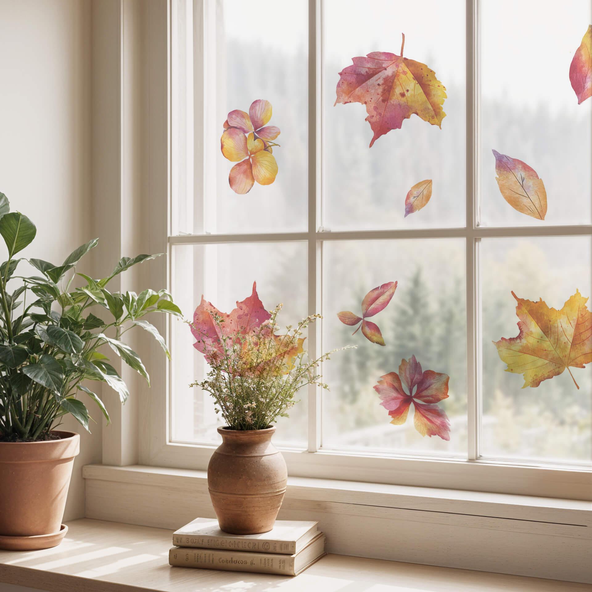 Cuadro de ventana con coloridas hojas de otoño (18 uds.)
