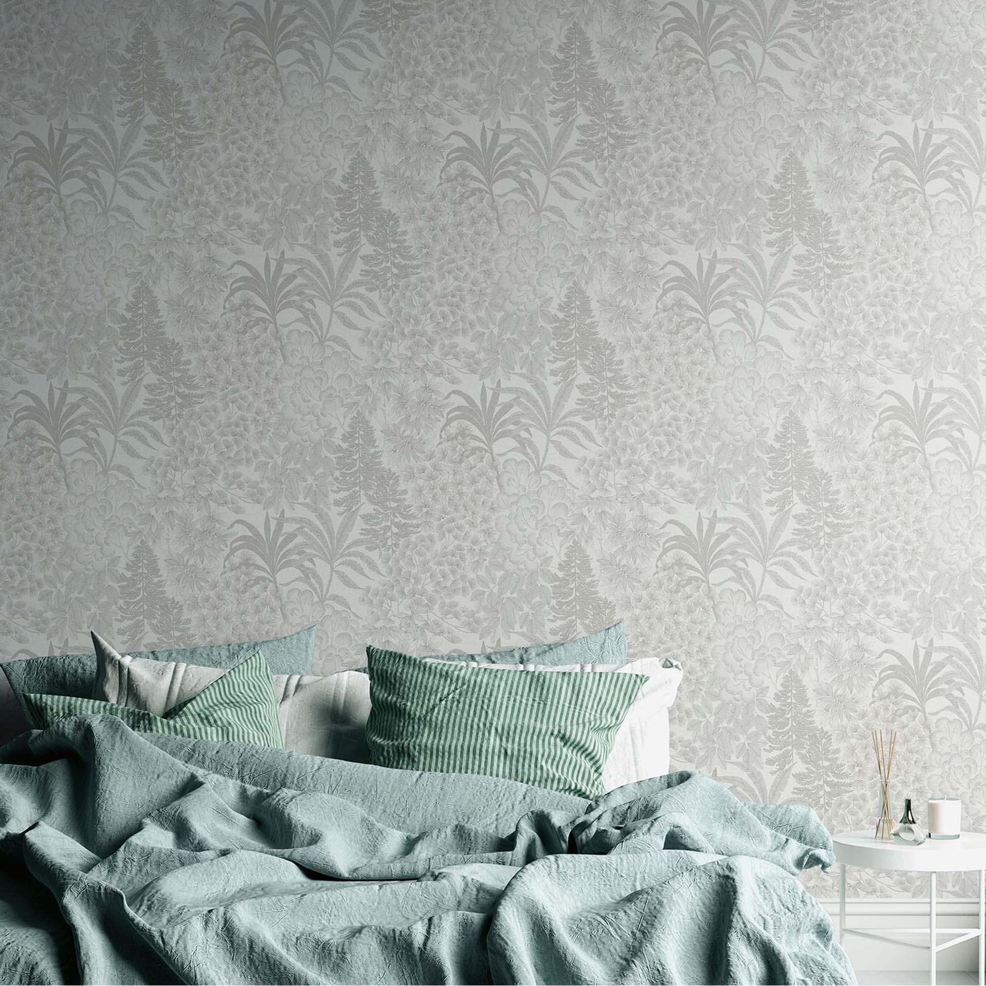 Papel pintado vegetal con hojas blanco, gris - papel pintado moderno no tejido con motivo de jungla