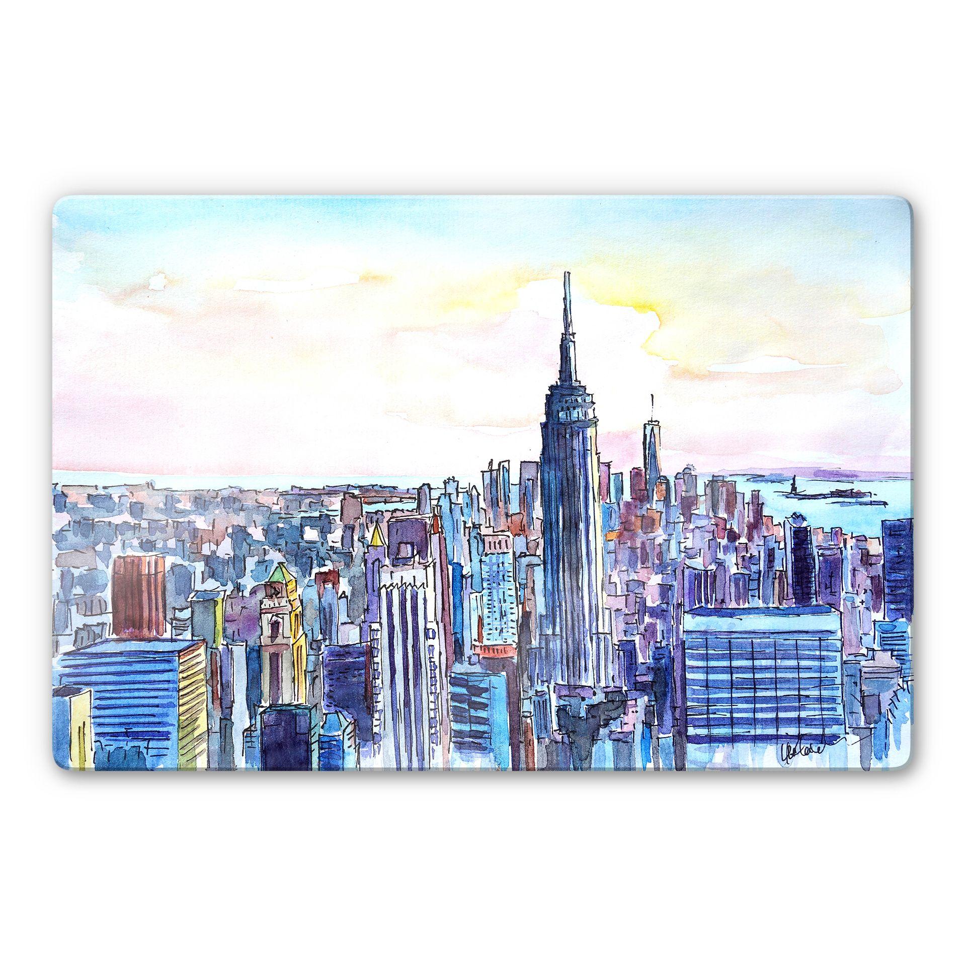 Glasschilderijen Bleichner - Manhattan Skyline - Aquarel