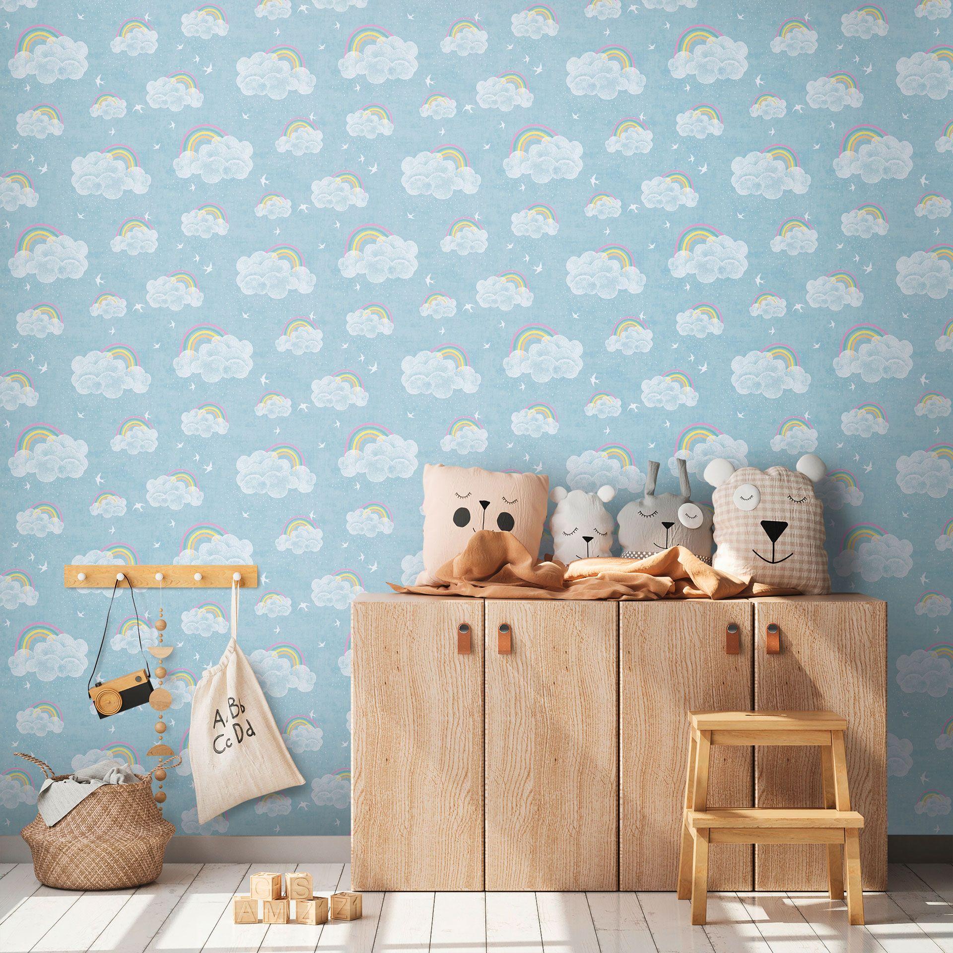 Papel pintado Nube con arco iris azul colorido - papel pintado cuarto de niños con pájaros