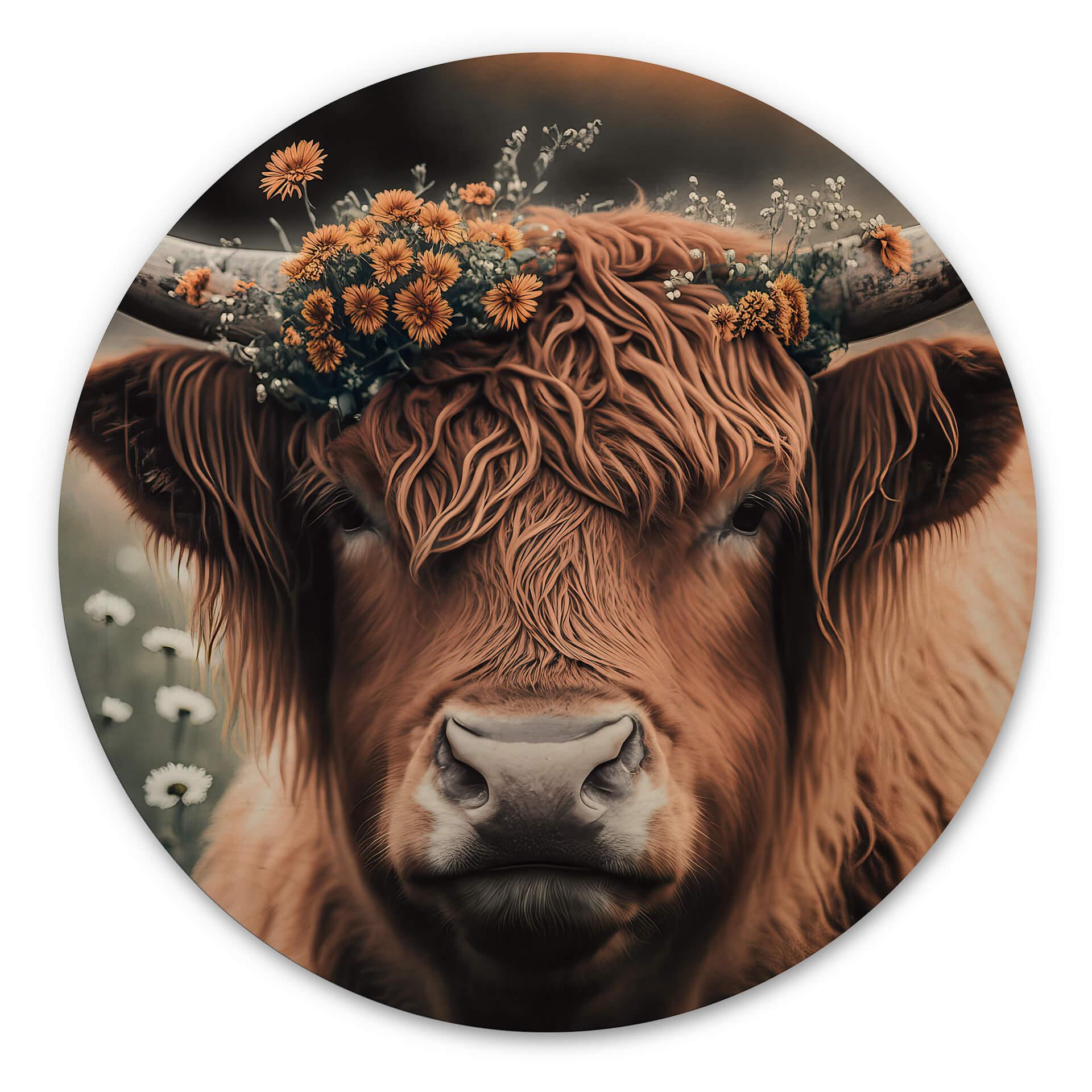 Cuadro de madera Treechild - Vaca de las Highlands con corona de flores - Redondo