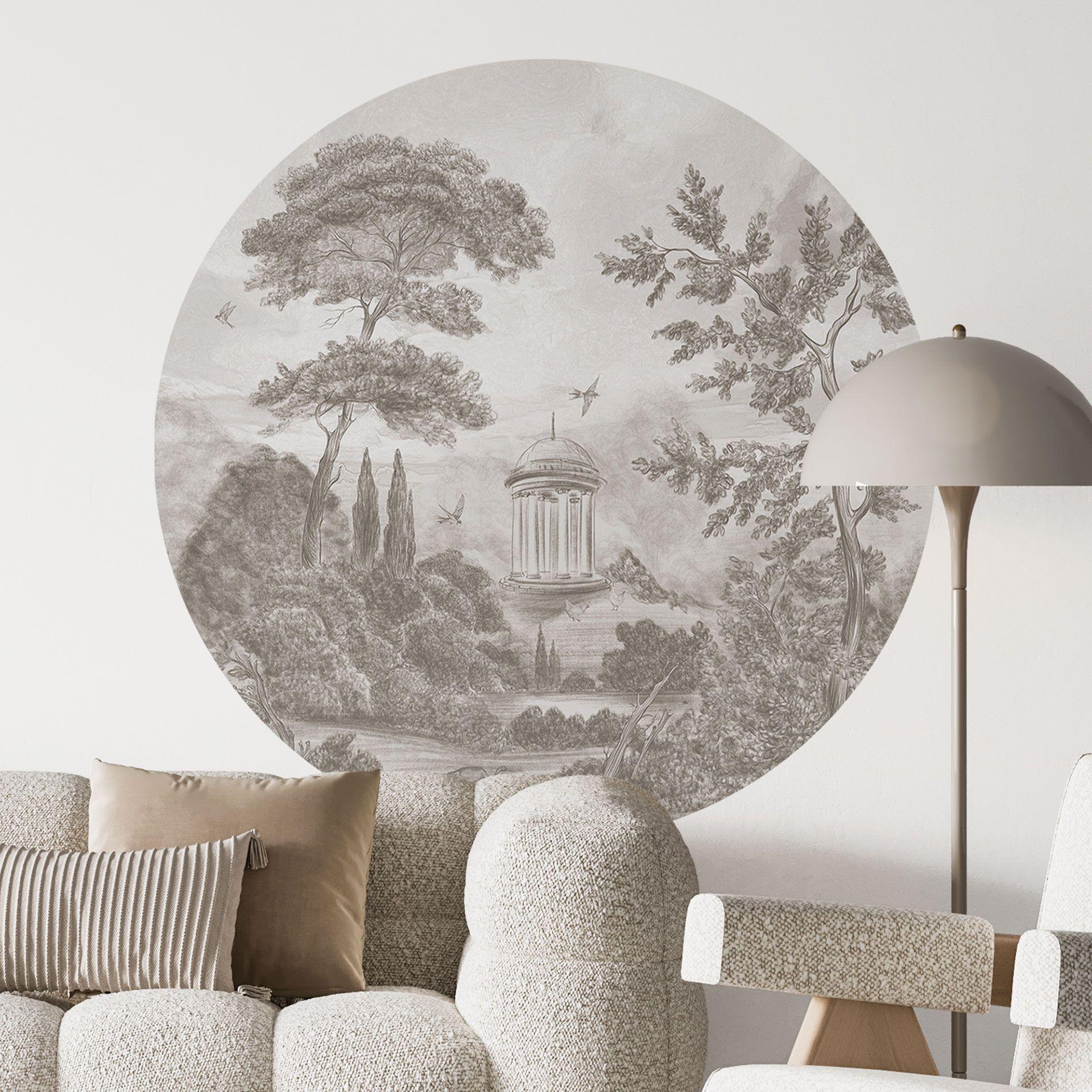 Muursticker landschap met tuin in beige - Ms Tiff - Rond
