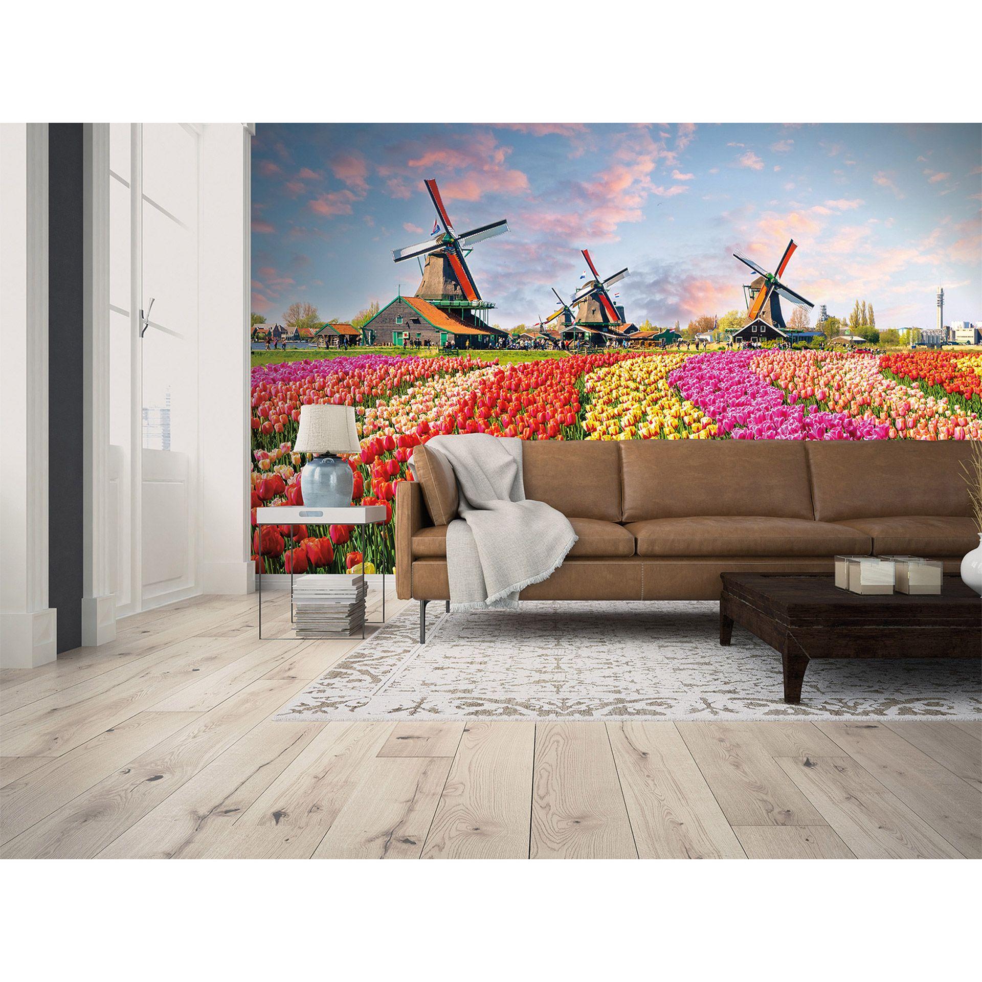 non-woven tapet Zaanse Schans landskabshave fototapet Designwalls i farvet og brun 