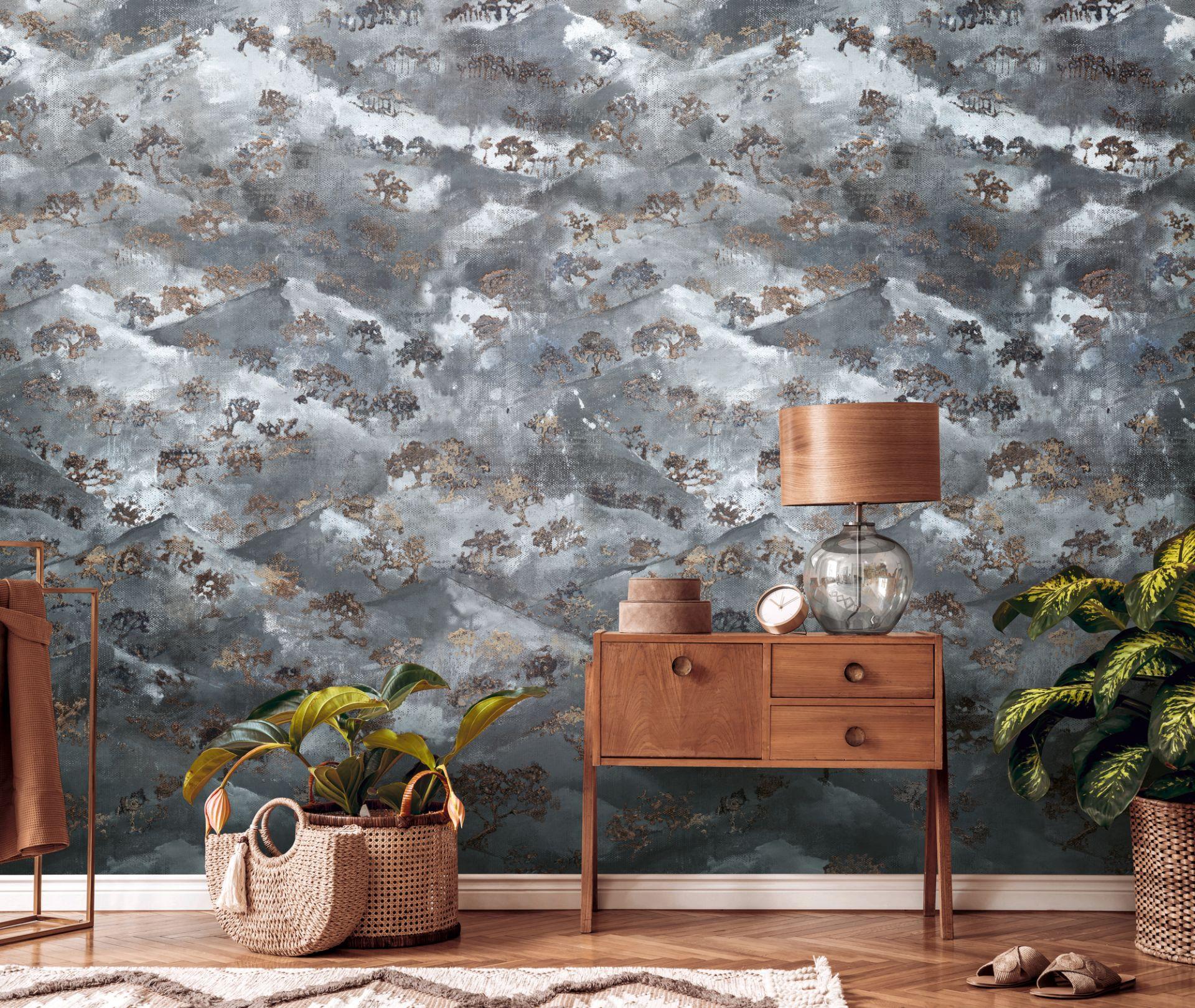 abstrakt tapet blågrå - non-woven tapet kunst Livingwalls - mat og glat