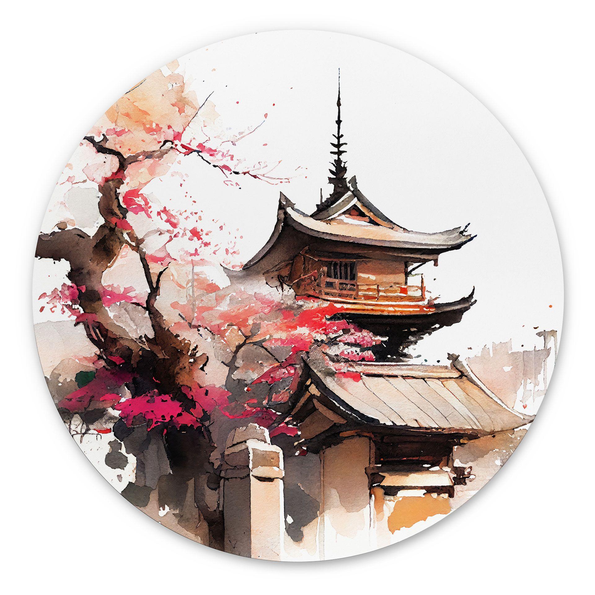 Dibond vægdekoration Japansk pagode med kirsebærblomster - Jaszke – print på aluminium (Alu-Dibond)