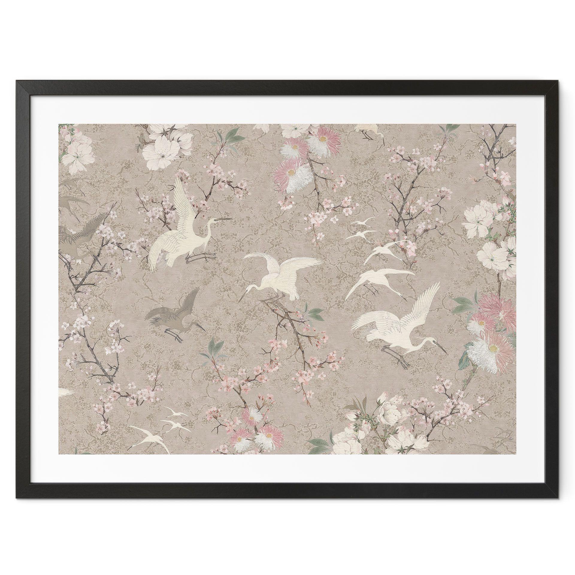 Fugleplakat Traner i kirsebærblomst Rush Beige - Bloomery Decor
