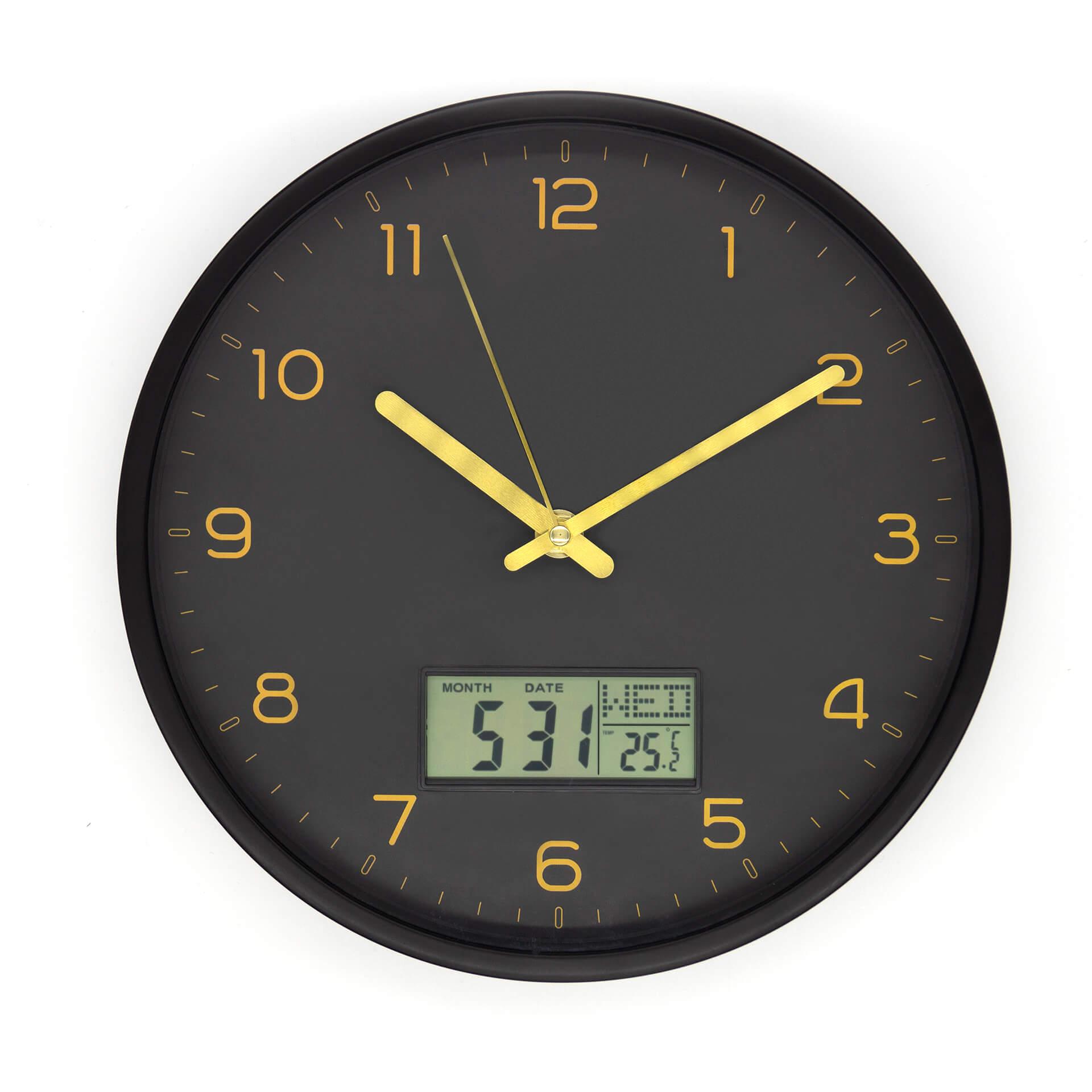 Analoge Wanduhr mit Digitalanzeige Schwarz-Gold Ø 25 cm