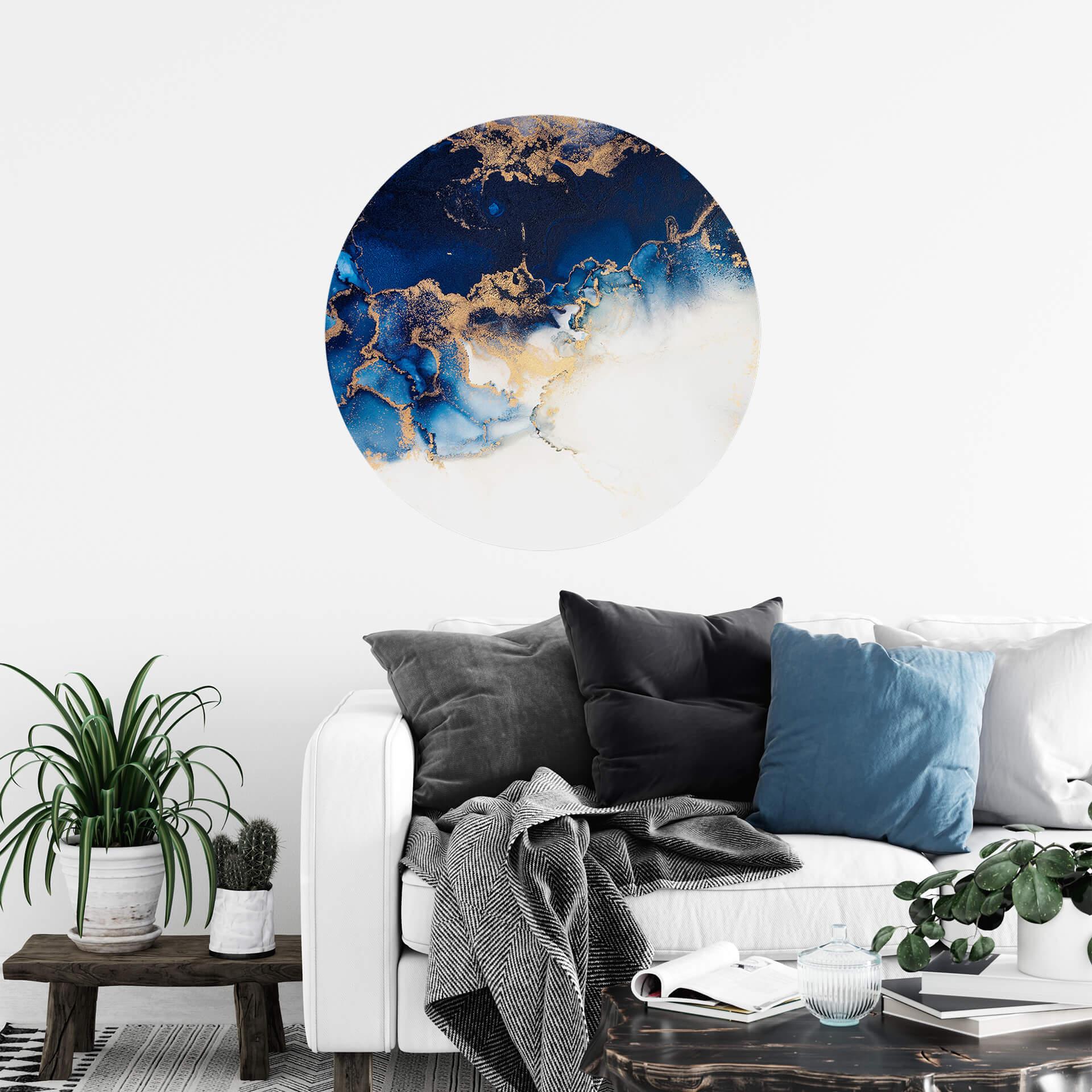 Vinilo decorativo abstracto de mármol con efecto azul y dorado - Redondo