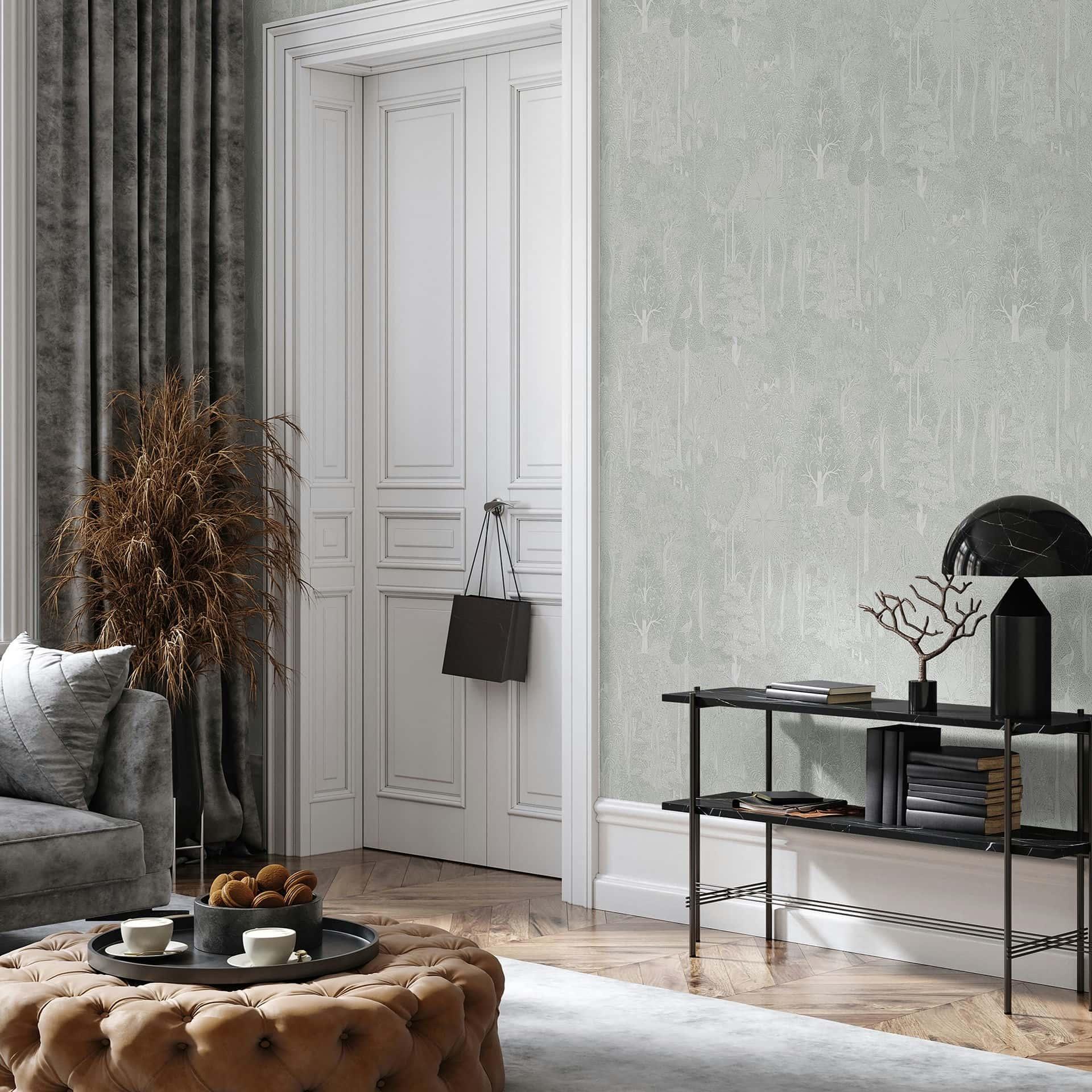 Ikke-vævet tapet skov, træer blomstret natur i hvid